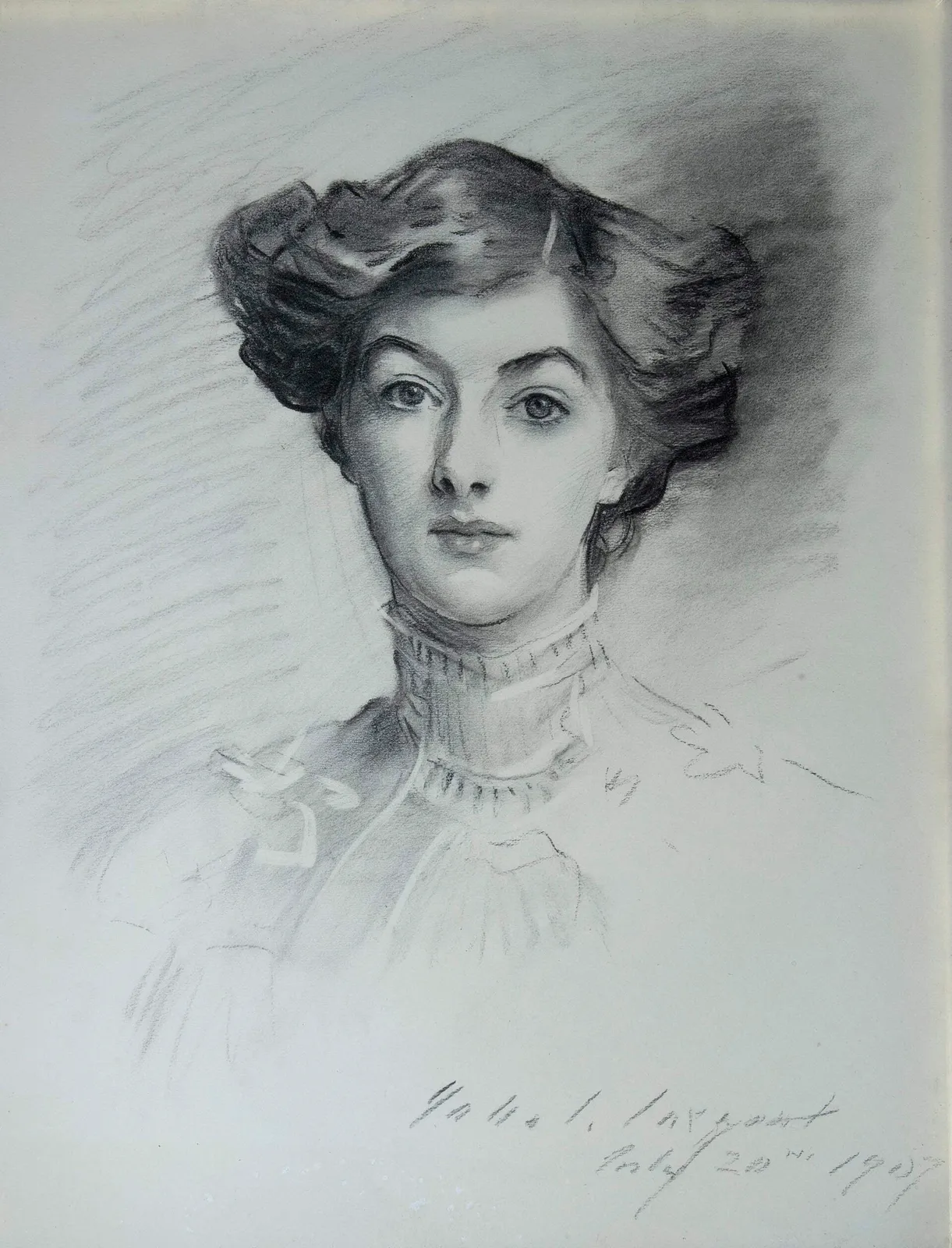 A charcoal portrait of Katharine Horner from 1907, the face and hair worked to a finish while the blouse is left as a few open lines that stop where the information stops. Sargent finished the part that carries the likeness and let the rest stay a drawing.