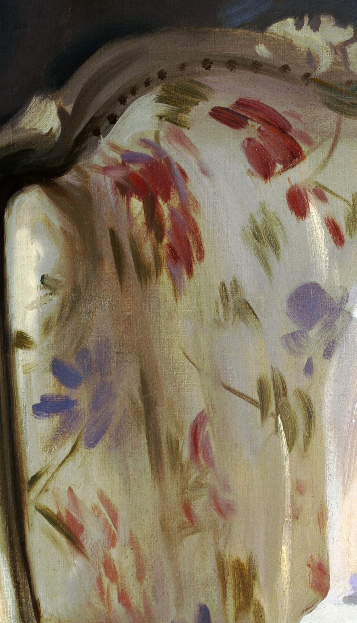 Detail of Lady Agnew of Lochnaw: the flowered chintz of the chair drawn straight in paint, each blossom a couple of quick strokes rather than a drawn outline filled in.