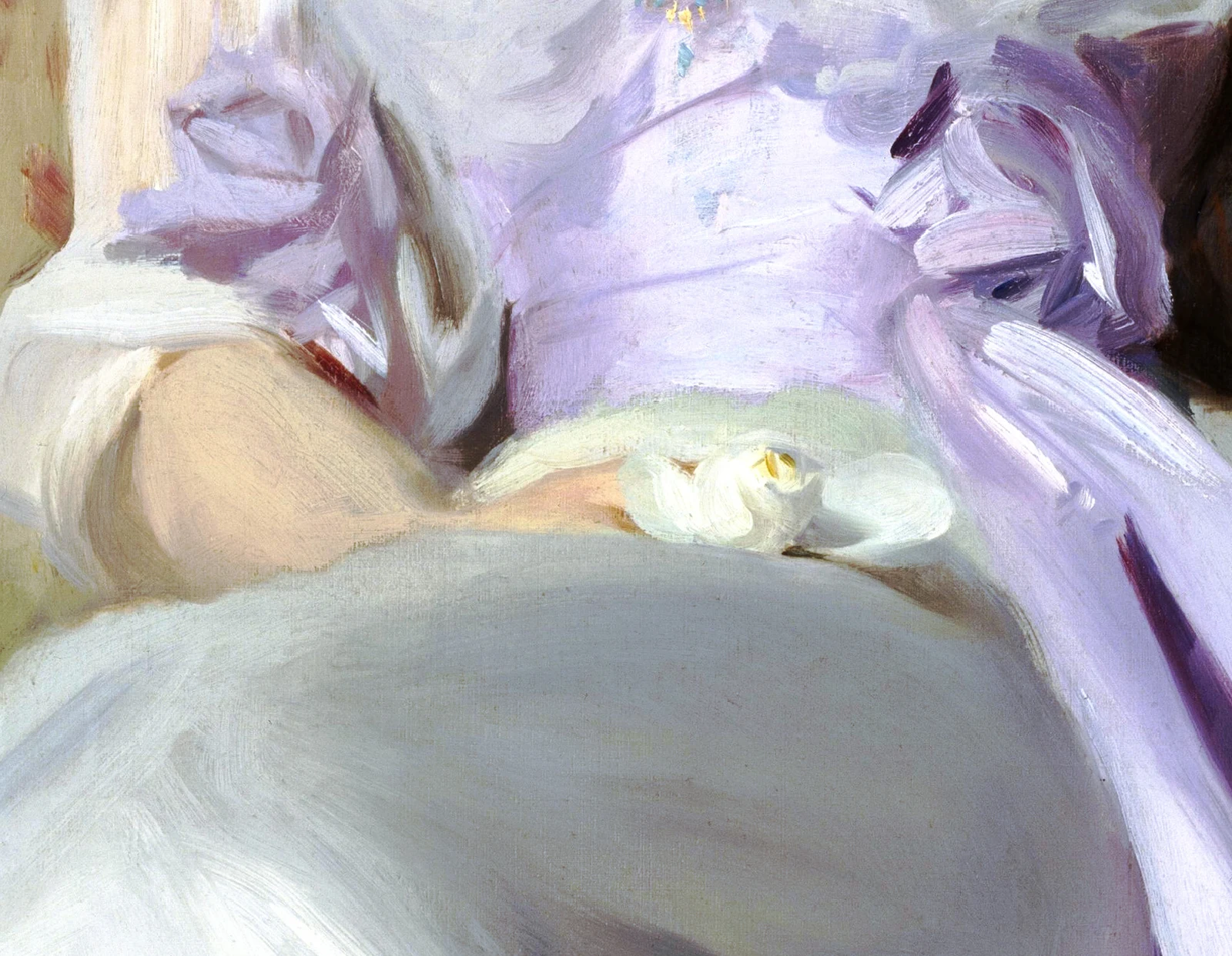 Detail of Lady Agnew of Lochnaw: the lavender sash and white sleeve carried in thick loaded strokes, each one laid down once and left standing, none of them gone back into.
