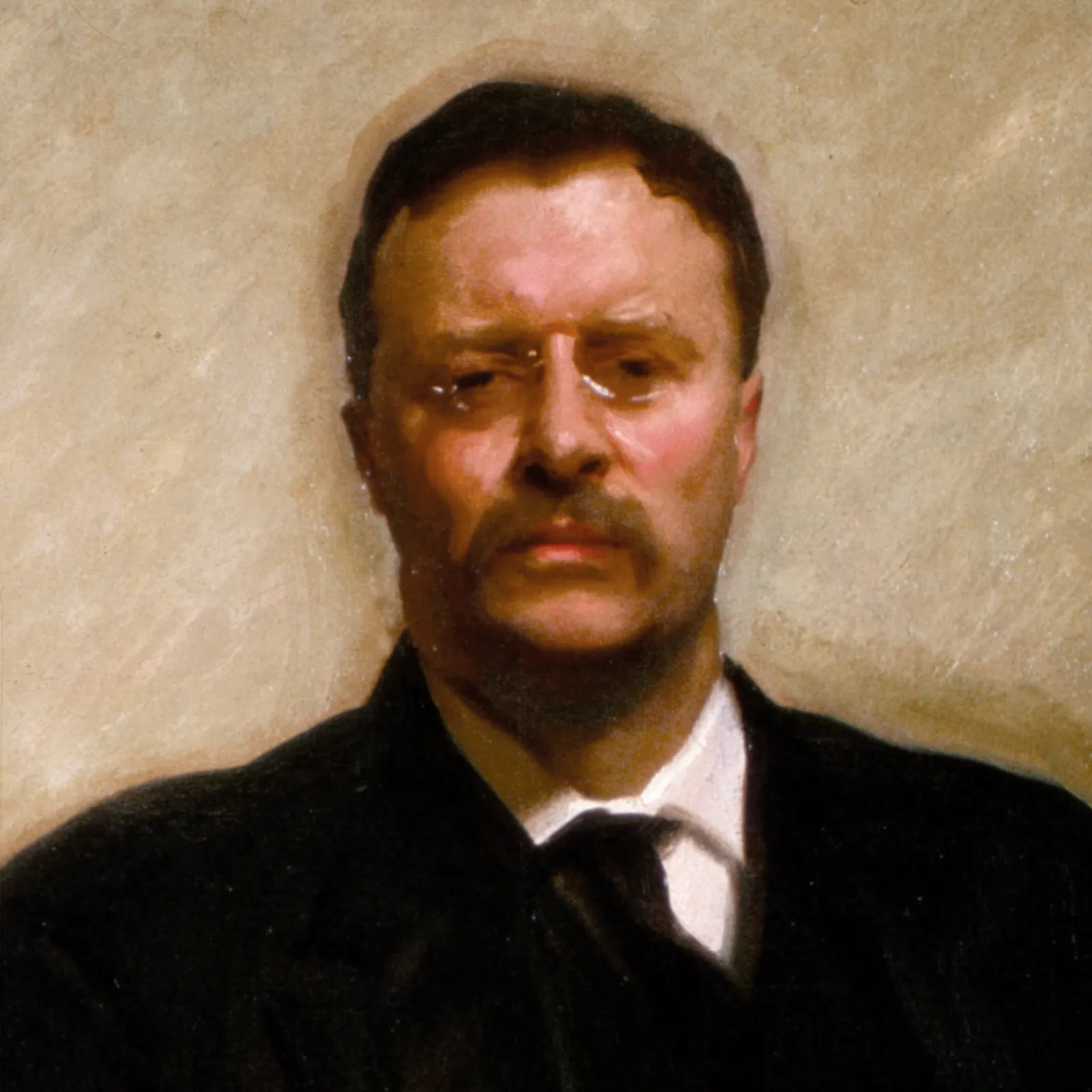 Detail of Theodore Roosevelt: the pince nez is a few flicks of light across the eyes, the paint around them was never gone back into, and the head keeps the unworried look of a fresh sketch. A badly placed eye meant the construction under it was wrong, so the head came off the canvas and went back on from the start.