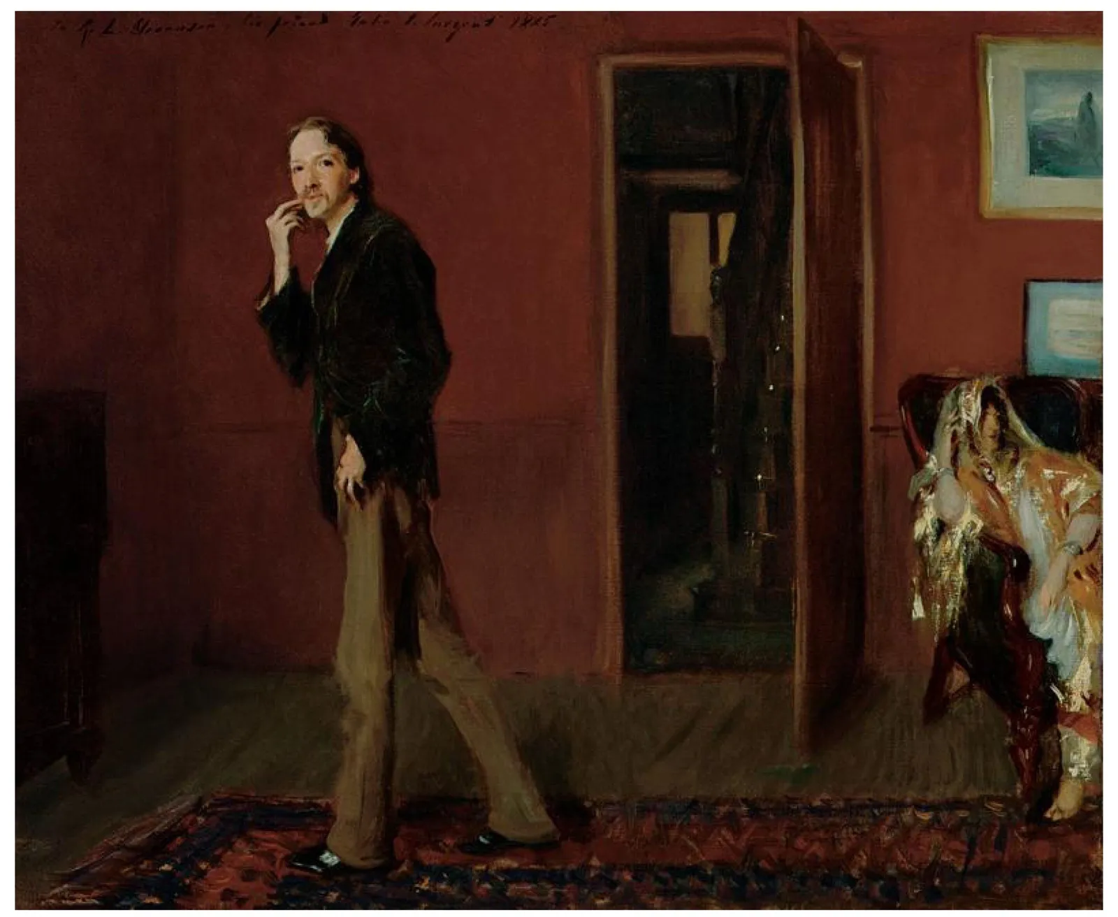 Robert Louis Stevenson and His Wife: Stevenson is painted mid stride across his own room, one hand up at his moustache, and his wife is pushed out to the far edge of the canvas in a gold shawl. Nobody in this picture is holding a pose.