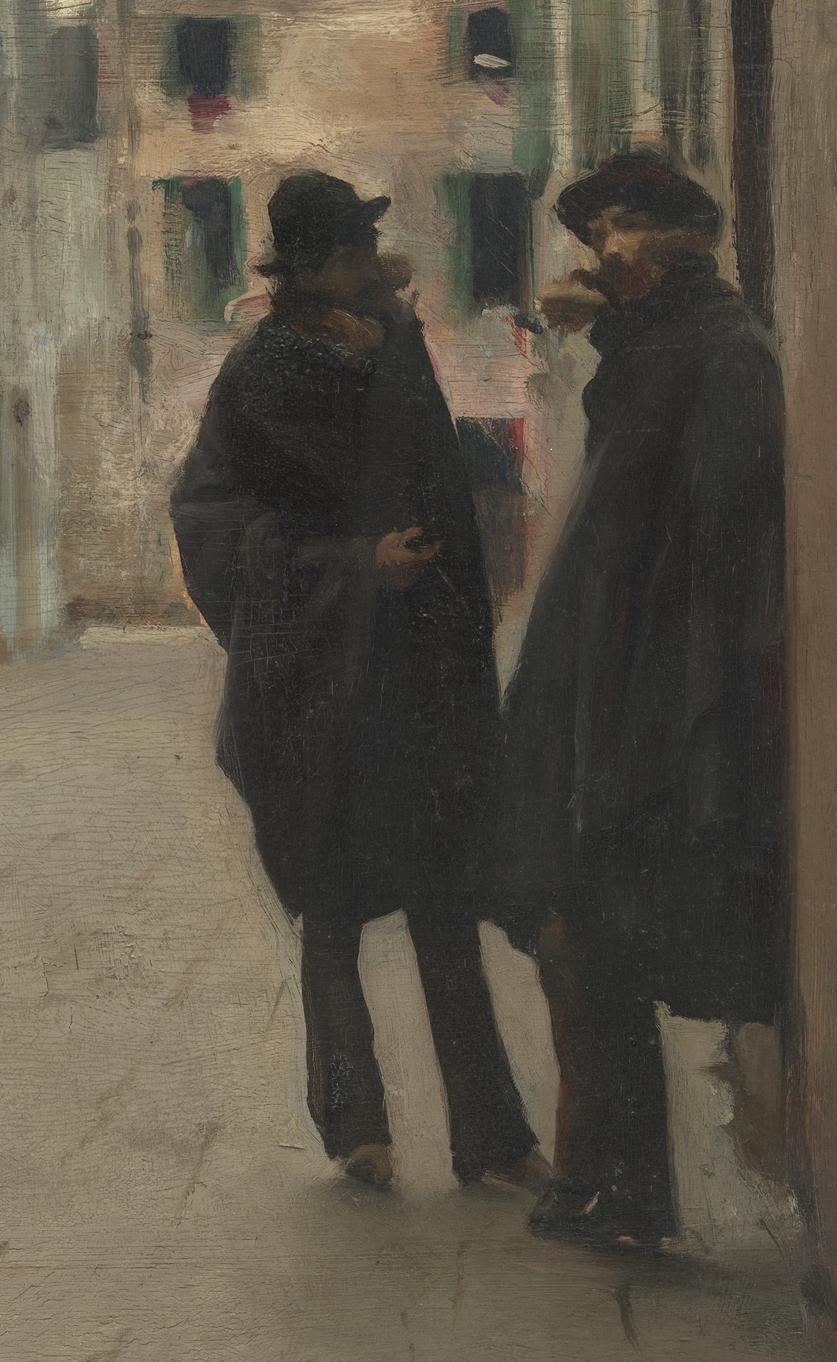 Detail of Street in Venice: the two men read as flat black from across a room, but up close the dark coats are built from warm brown, cool gray, and a deep green laid side by side.