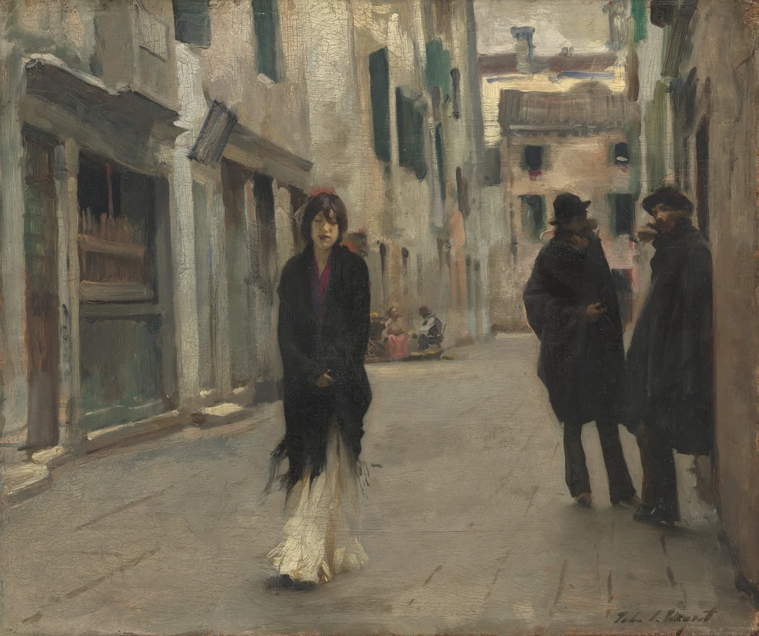 Street in Venice, a small oil on panel: a few figures in a narrow calle, the whole scene held together by the pale ground and the dark accents of the two men.