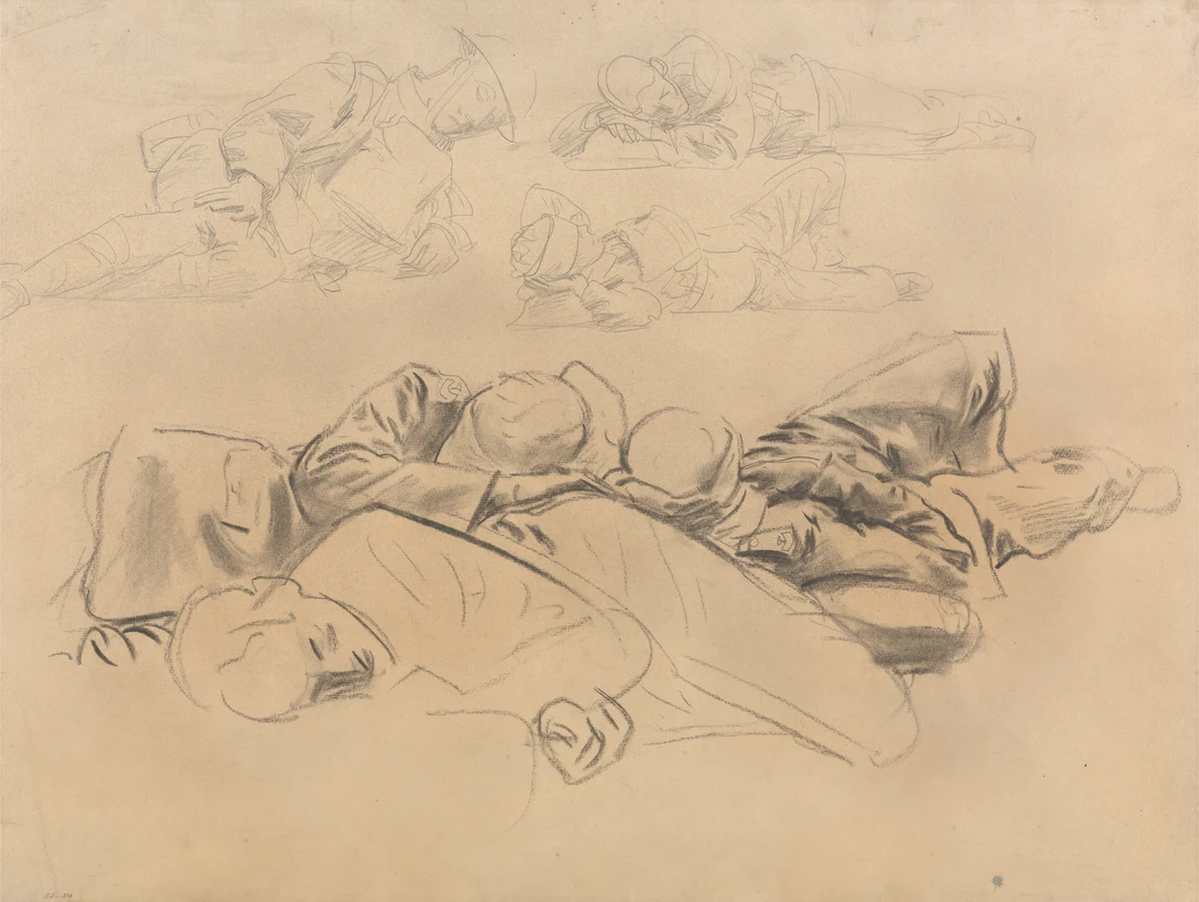 A study sheet for Gassed: the same fallen soldier worked out in several poses on one page, the composition solved on paper before the wall-sized canvas was begun.