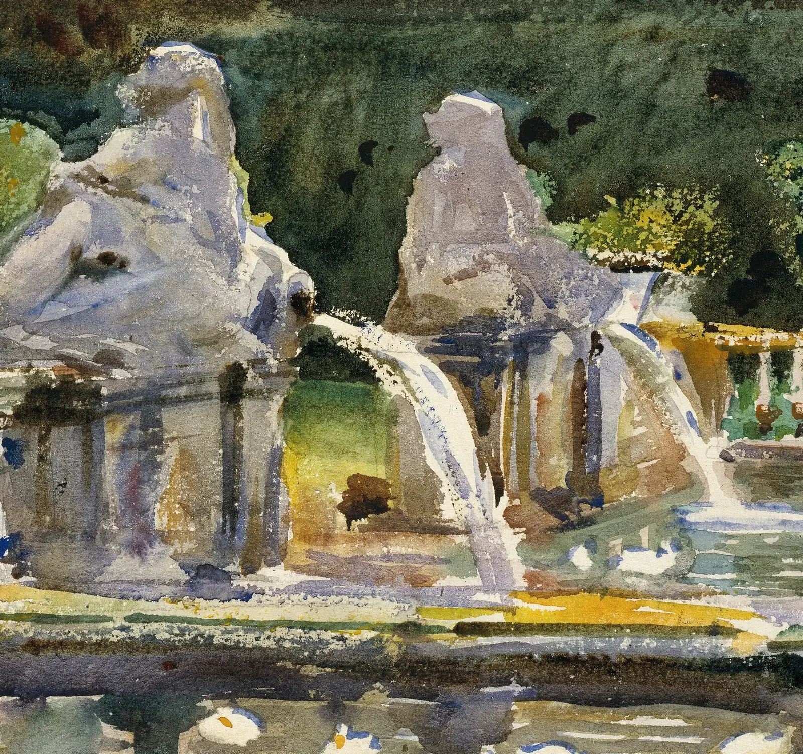 Detail of Villa di Marlia, Lucca: A Fountain: the falling water is the bare paper itself, reserved and scraped back to white while the dark washes were laid around it.