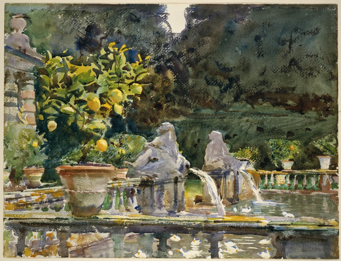 Villa di Marlia, Lucca: A Fountain, a garden watercolor: transparent washes for the shadowed foliage, the paper itself kept bare for the falling water and the marble.
