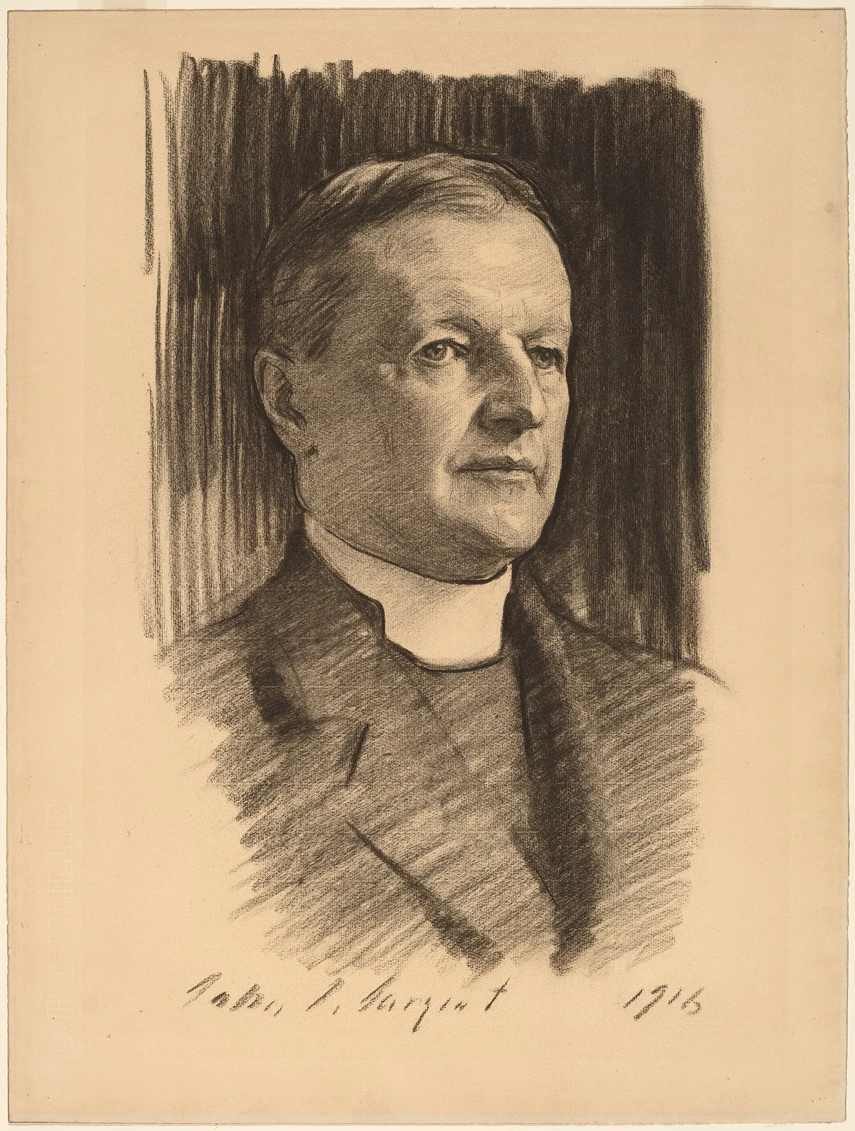 A charcoal portrait of Bishop William Lawrence from 1916, the head built in patient halftone while the coat and the dark ground behind it are cut in with a handful of blunt vertical strokes. The white collar is the bare paper again. This is the economy of the late heads Sargent called his mugs.