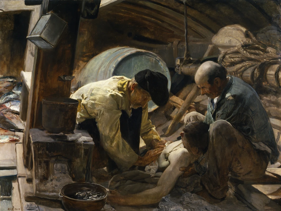 Aún dicen que el pescado es caro, 1894: the Valencia years before the sun. Two old fishermen work on a boy hurt at sea, inside the hull, by lamp light, in browns and greys. He was thirty one, and there is not a violet shadow anywhere in it.