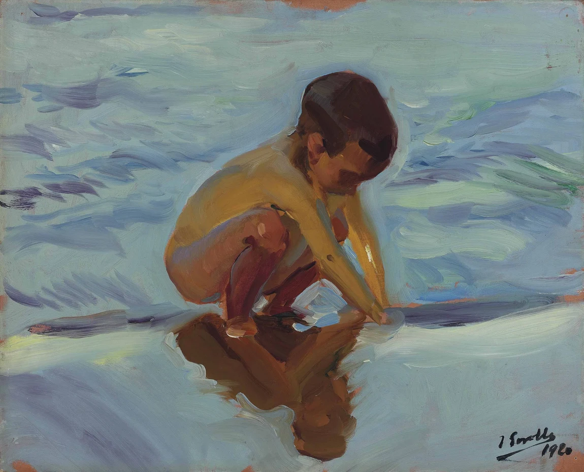 Contraluz en la playa. Niño agachado, 1920, on a canvas under sixty centimetres wide: a boy against the light, his own reflection beneath him, and the sea behind set down in loose horizontal drags. Over a hundred of the three hundred and fifty pictures in his 1909 New York exhibition were small notes of this kind.