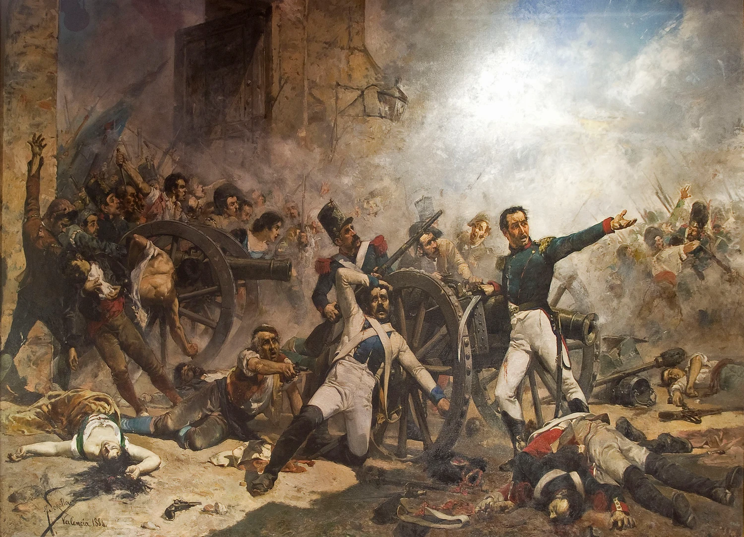 El dos de mayo, painted at twenty on a canvas twelve feet across: smoke, a dying artillery officer, and every device the Valencia academy could teach. He set the scene up in the open bull ring of his own town and had the models stand in real smoke, because even here he would not build the light indoors.