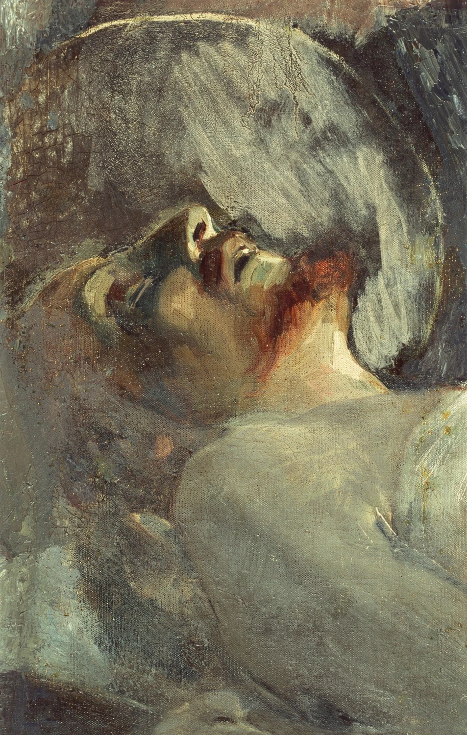 A surviving fragment of El entierro de Cristo, the seven metre canvas he painted in Rome on the Valencia scholarship. It did not bring him the first medal at the 1887 National Exhibition, he gave up on restoring it and left it in the cellars, and when it was taken out on 11 June 1979 only four pieces could be saved. This head is one of them.