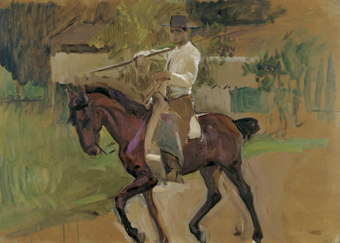 Garrochista, Sevilla, 1914: one of seven studies of horsemen made for the Andalusian panel of the Hispanic Society commission. It is oil thinned with turpentine on cardboard, and the brown of the cardboard is left doing the work of the road, the field and most of the background.