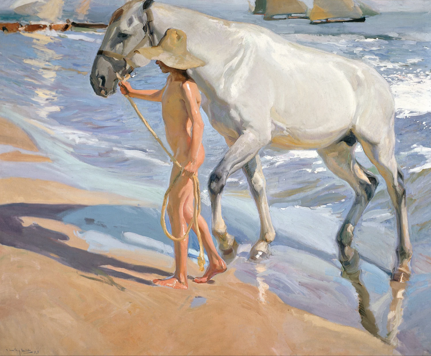 El baño del caballo, two metres by two and a half, painted on the Valencia beach in 1909: the whole picture is sand, wet sand and shallow water, and almost none of it is drawn. The horse is a few loaded sweeps of warm white, the boy is a flat silhouette of flesh against the glare, and the shadow the two of them throw is blue.