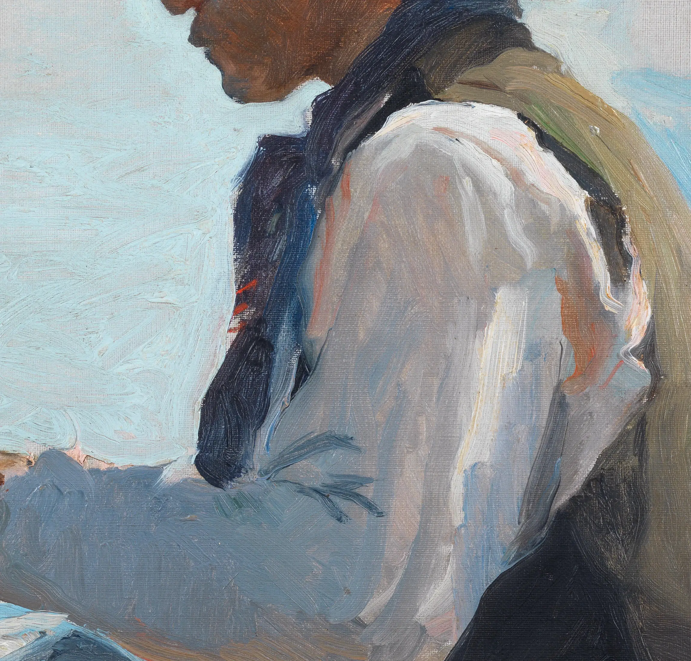 Detail of a study for La vuelta de la pesca: the sleeve is four or five strokes, the canvas weave shows straight through the sky beside it, and nothing has been closed up. The finished canvas this fed is four metres wide.