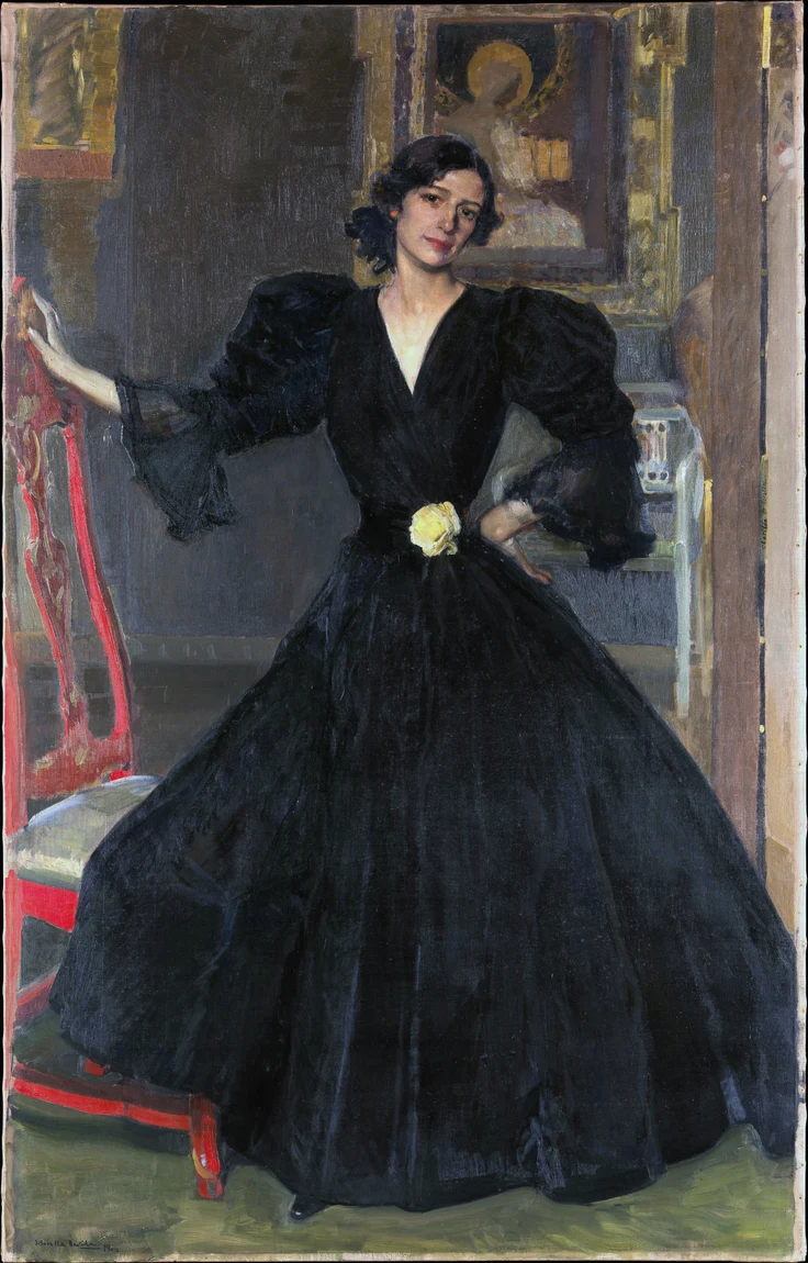 Señora de Sorolla in black, 1906: the other Sorolla, indoors, with the sun shut out and the whole picture carried on one black dress in a dim room. He rated it among his best work. The Metropolitan Museum bought it off the wall of the 1909 New York exhibition.