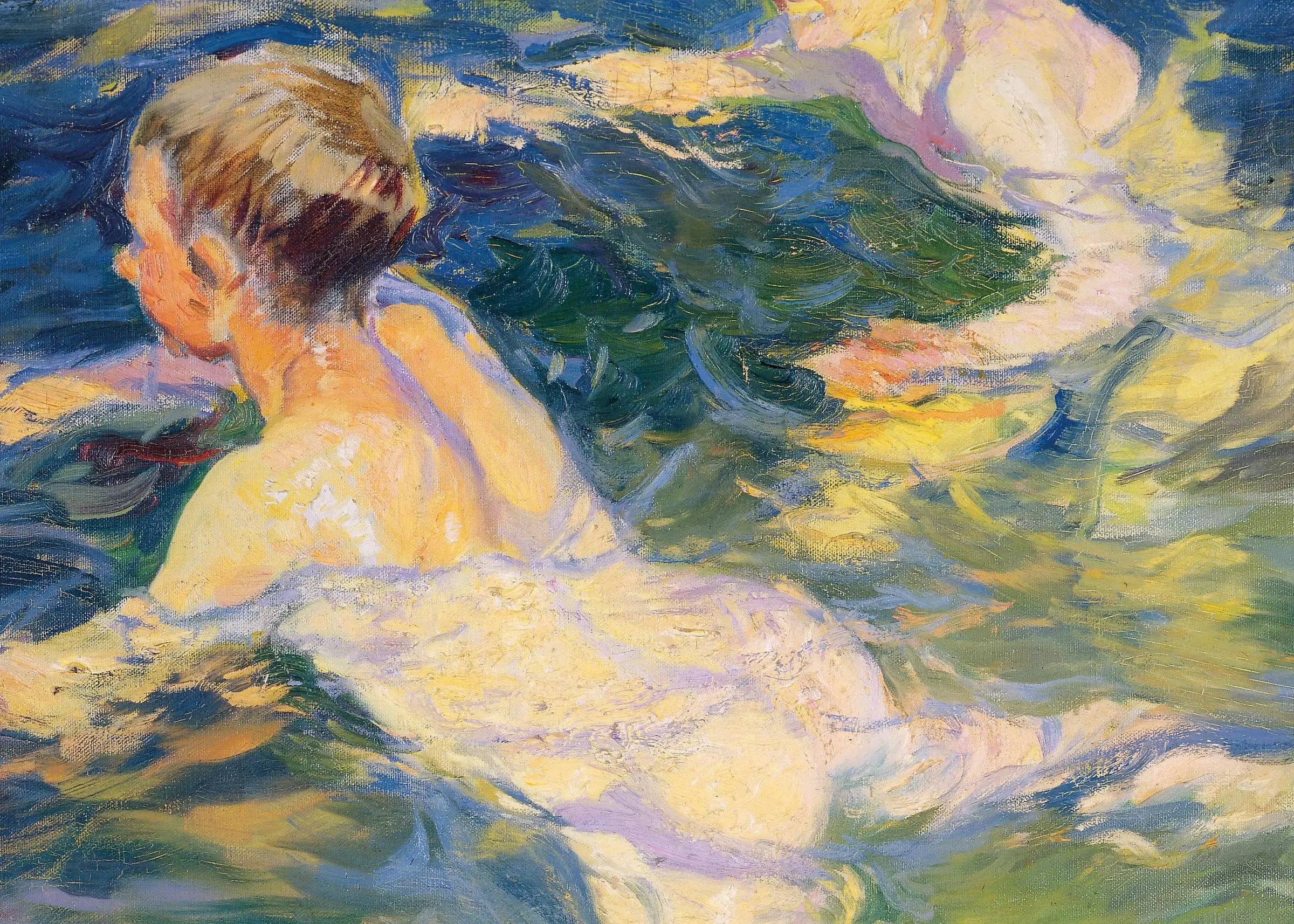 Detail of Nadadores, Jávea: below the surface the boy's back goes green and violet, above it the same skin goes cream and gold, and the join between them is one wet edge. Nothing is glazed. The water is opaque paint dragged across opaque paint.