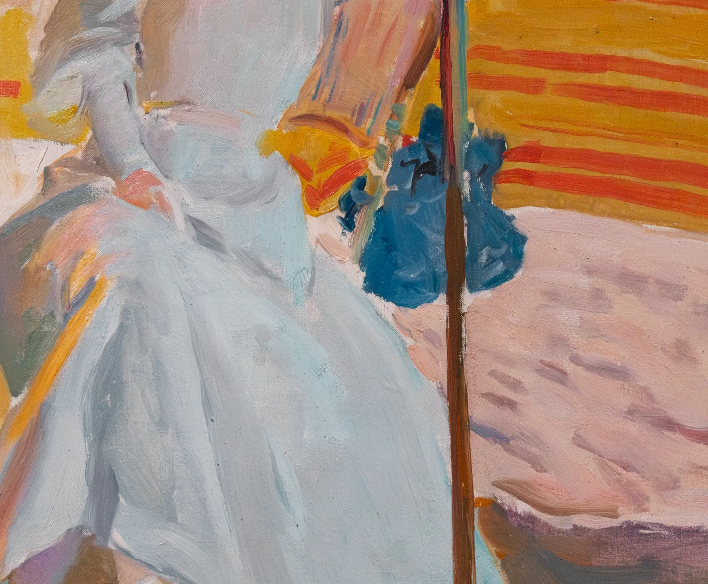 Detail of Clotilde under the awning: the white dress is grey, blue, pink and yellow, and the warm band running down its left edge is the striped awning bouncing back into it. Sorolla said the chocolate brown shadows the old masters painted on the side of a face do not exist. This is what he put there instead.