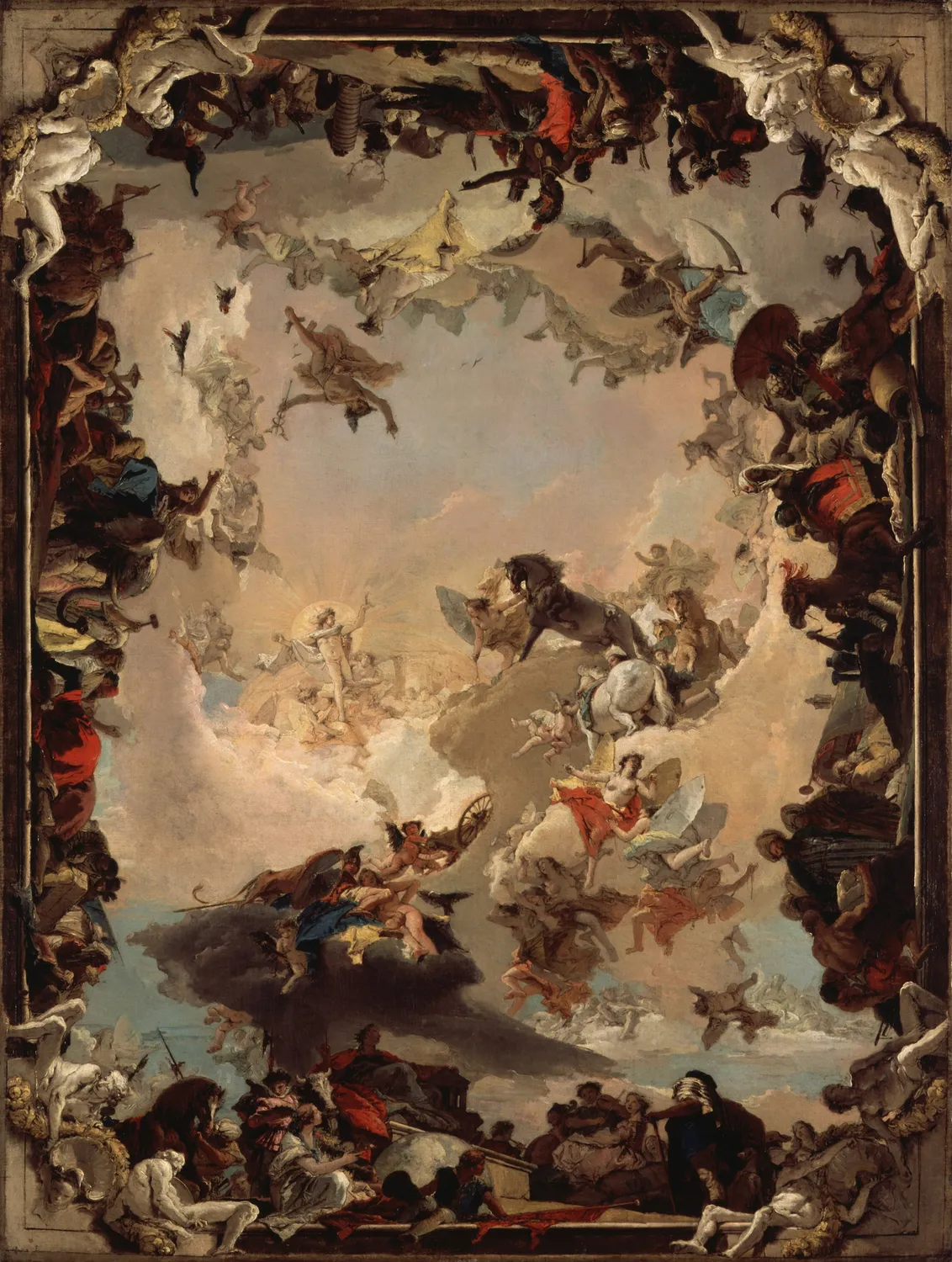 The Allegory of the Planets and Continents, oil on canvas, about one hundred and eighty five centimetres high. A whole ceiling is settled here: Apollo in the open sky, the four continents packed along the border, the light key fixed. The Wuerzburg record dates this sketch to April 1752 and calls it the basis of the commission.