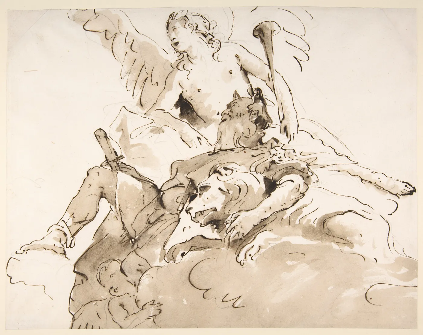Apotheosis of a Warrior, pen and dark brown ink with brush and dark brown wash over black chalk, on a sheet about twenty five by thirty two centimetres. The pen fixes the contour and the brush does the rest with a light wash and a darker one dropped over it. The paper is the third value and there is no fourth.