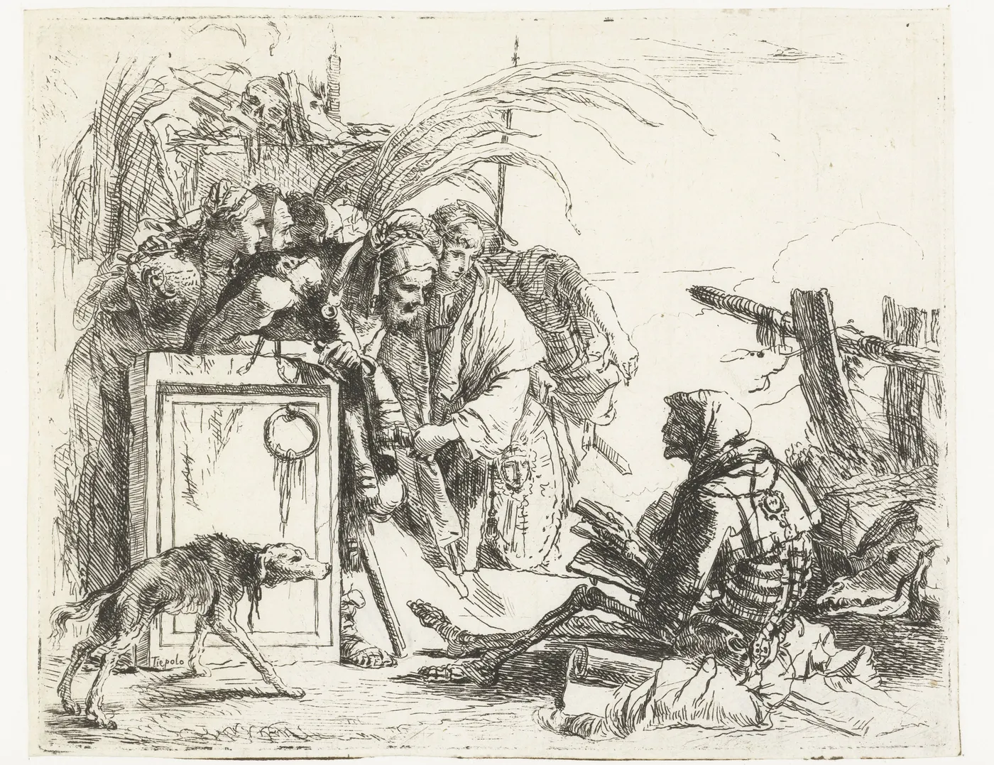 In audience with Death, from the Capricci, etched on a plate about fourteen by eighteen centimetres in or before about 1735. Death sits on the ground at the right addressing a group of figures and a dog. He signed it on the plate itself, at the lower left.