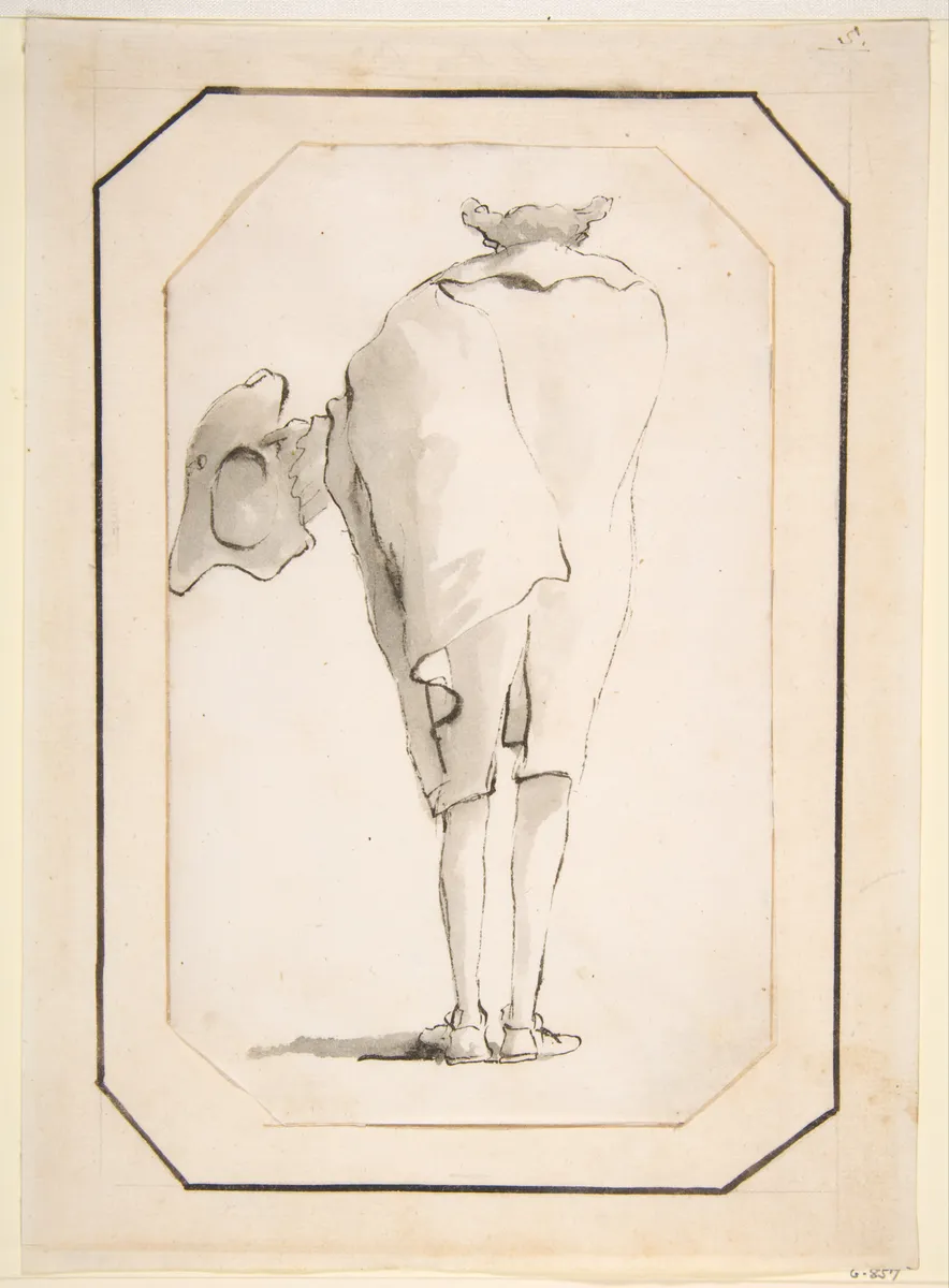 Caricature of a Man Holding a Tricorne, Seen from Behind, pen and black ink with grey wash, on a sheet about twenty by twelve centimetres, made around 1760. He drew the man from behind, which leaves no face to work with, so the whole character has to come out of the slump of the coat and the turn of the heels.