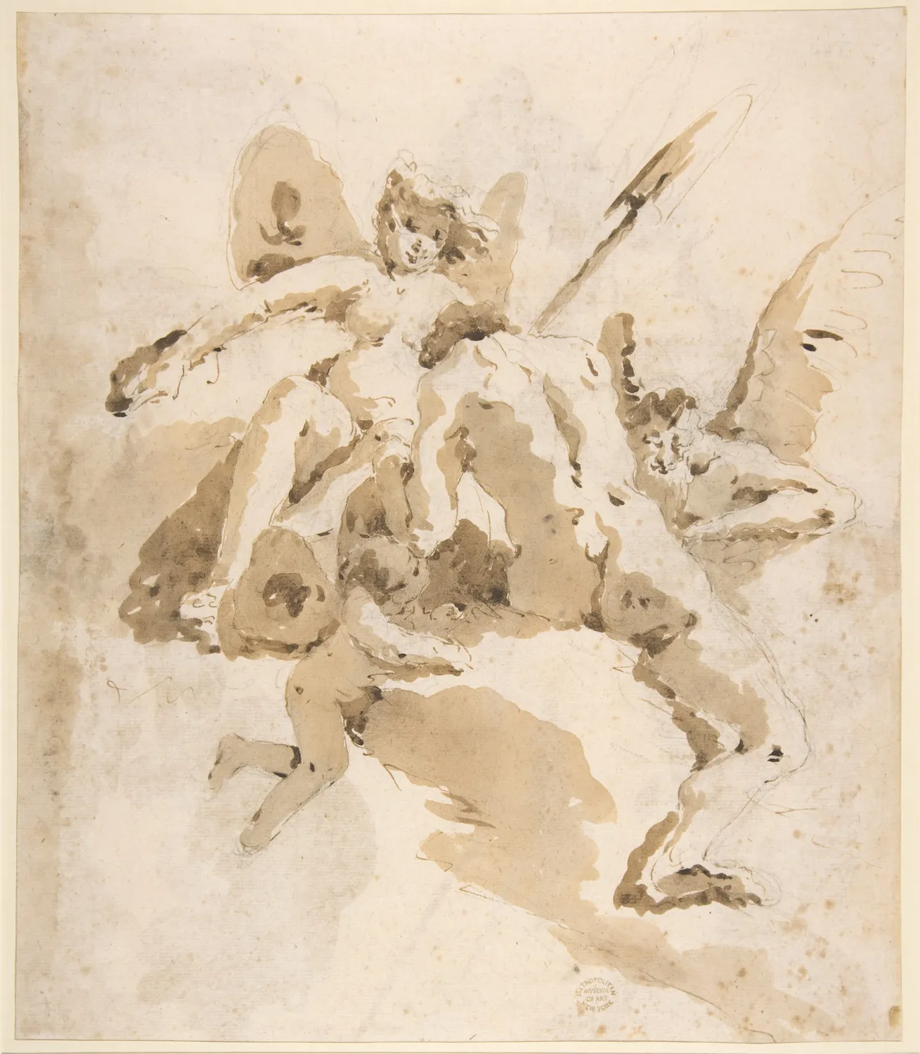 Design for a Ceiling, pen and brown ink with brush and brown wash over black chalk, on a sheet about twenty nine by twenty five centimetres. Every figure is drawn from directly underneath. The soles of the feet come at the viewer, the heads sit small and far back, and the wash carries all the modelling.