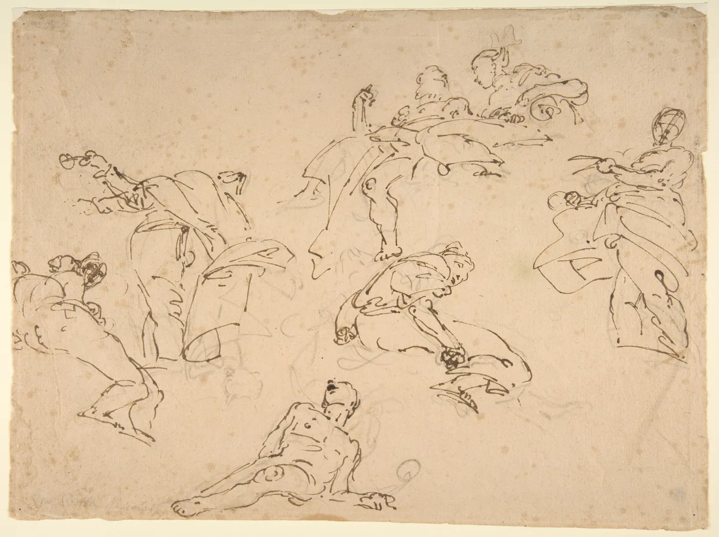 Figure Studies, pen and brown ink over black chalk on beige paper, about twenty five by thirty four centimetres. A sheetful of figures, most of them floating and seen from below, not one of them carried to a finish. This is the stock a ceiling gets assembled from.