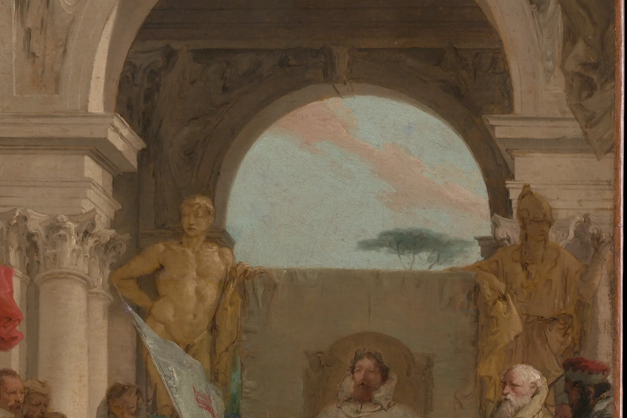 Detail of the Investiture modello, a canvas about seventy two centimetres high: the standing sculpture at the left is four or five loaded strokes and a wipe, the sky through the arch is one flat pass with two pink drags across it, and the distant tree is a single blot. At this size a whole architectural setting gets decided in an afternoon.