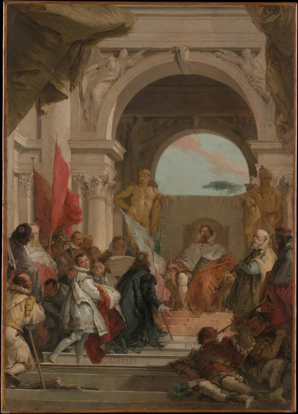 The Investiture of Bishop Harold as Duke of Franconia, oil on canvas, about seventy two by fifty one centimetres. A modello for one of the Wuerzburg Kaisersaal frescoes, and a finished picture at pocket size: the architecture, the crowd, the light and the colour all settled before anyone mixed plaster.