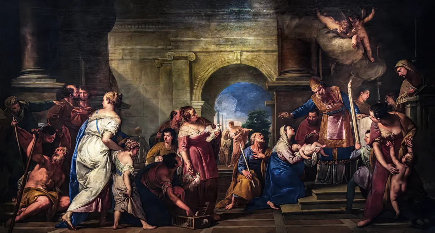Gregorio Lazzarini, Presentation of Jesus in the Temple, oil on canvas, over five metres wide. This is the manner Tiepolo trained in and then left. The light comes in from the left, the stone architecture pins every figure to the floor, and the finish is even from edge to edge. Nothing in it floats.