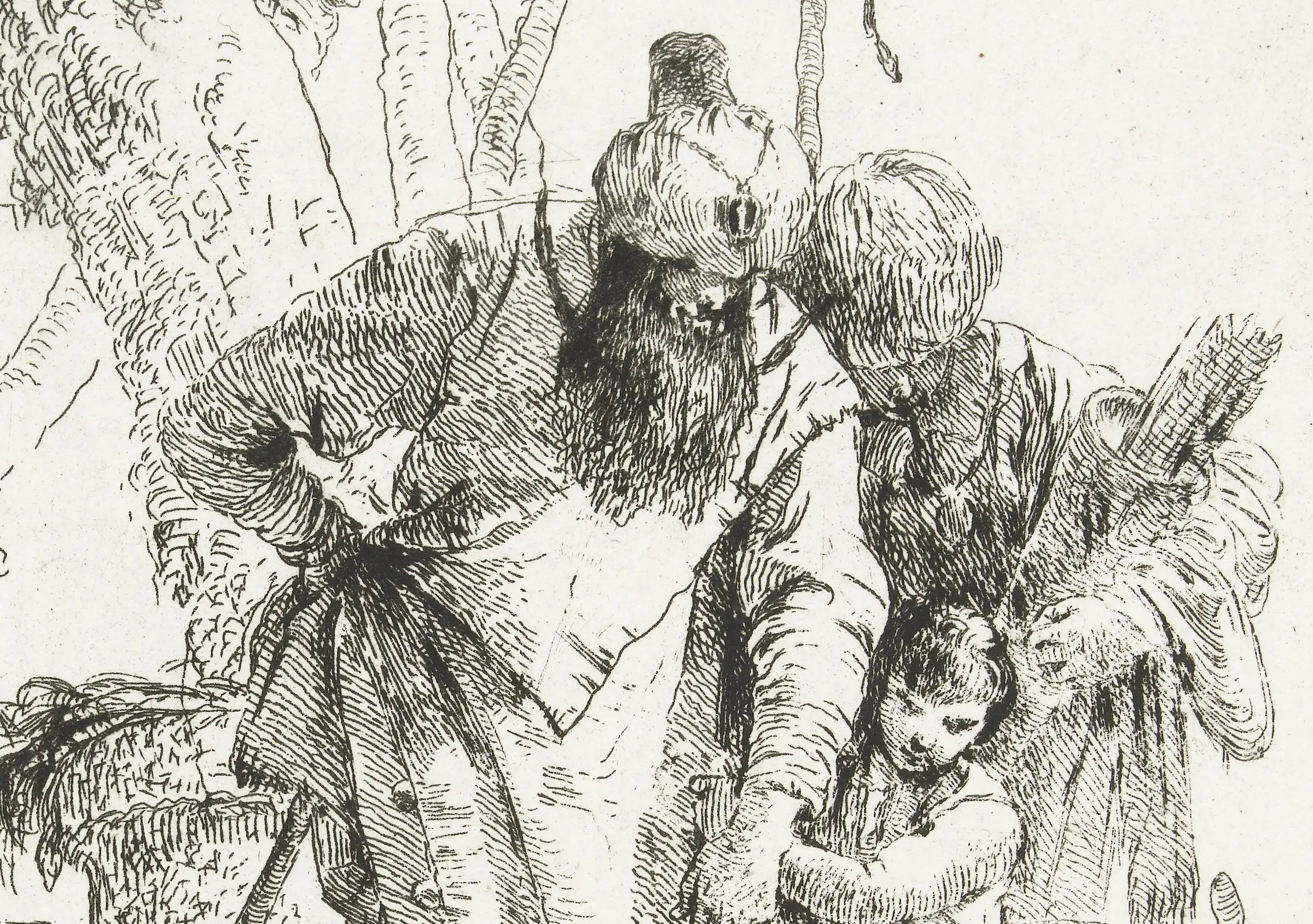 Detail of a Scherzi plate: no wash and no tone anywhere, only bitten line. The beard, the cloth and the bark are all made of parallel strokes laid at different densities, and every light in the picture is bare paper the needle never touched.