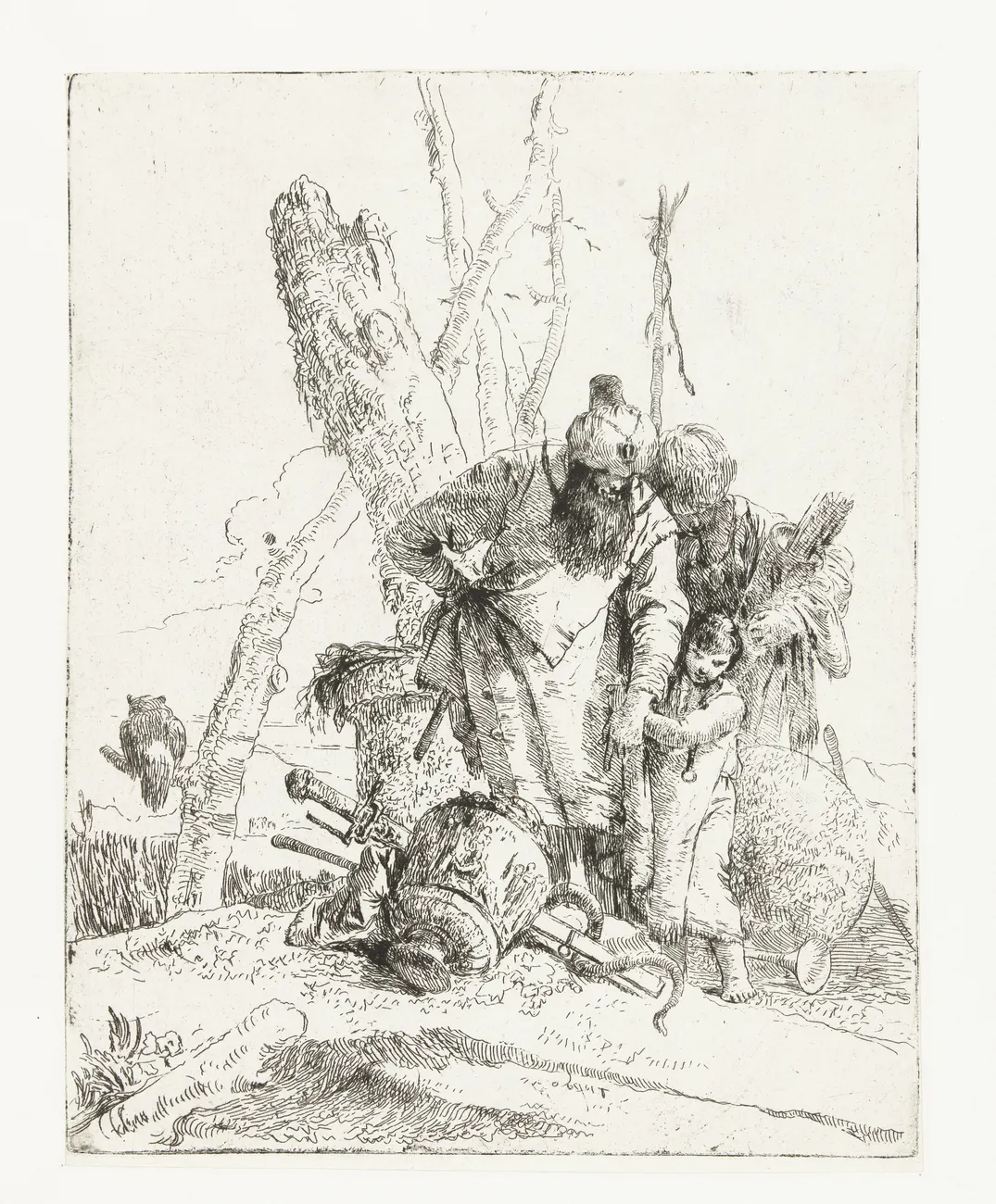 Two magicians with a child frightened by a snake, from the Scherzi di fantasia, on a plate about twenty two by seventeen centimetres. The Rijksmuseum set is printed in the first state, before the two editions his son Giovanni Domenico issued after his death, and the missing plate numbers are how that is known.