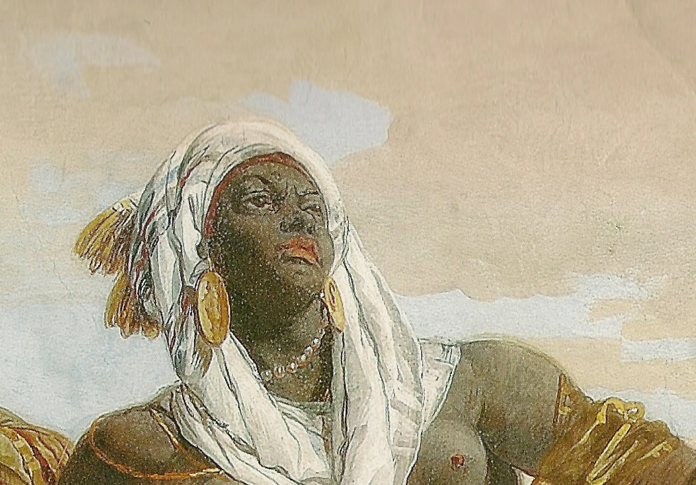 Detail of the Africa group on the Wuerzburg vault: the whole passage is keyed high. The sky behind the head is a warm near white, the clouds are barely darker than the sky, and the darkest note in the picture is the figure herself. Nothing drops to black, which is how a ceiling reads as open air from a floor more than twenty metres below. The fine light lines crossing the plaster are cracks in the vault, closed with lime mortar in the restoration of 2003 to 2006.