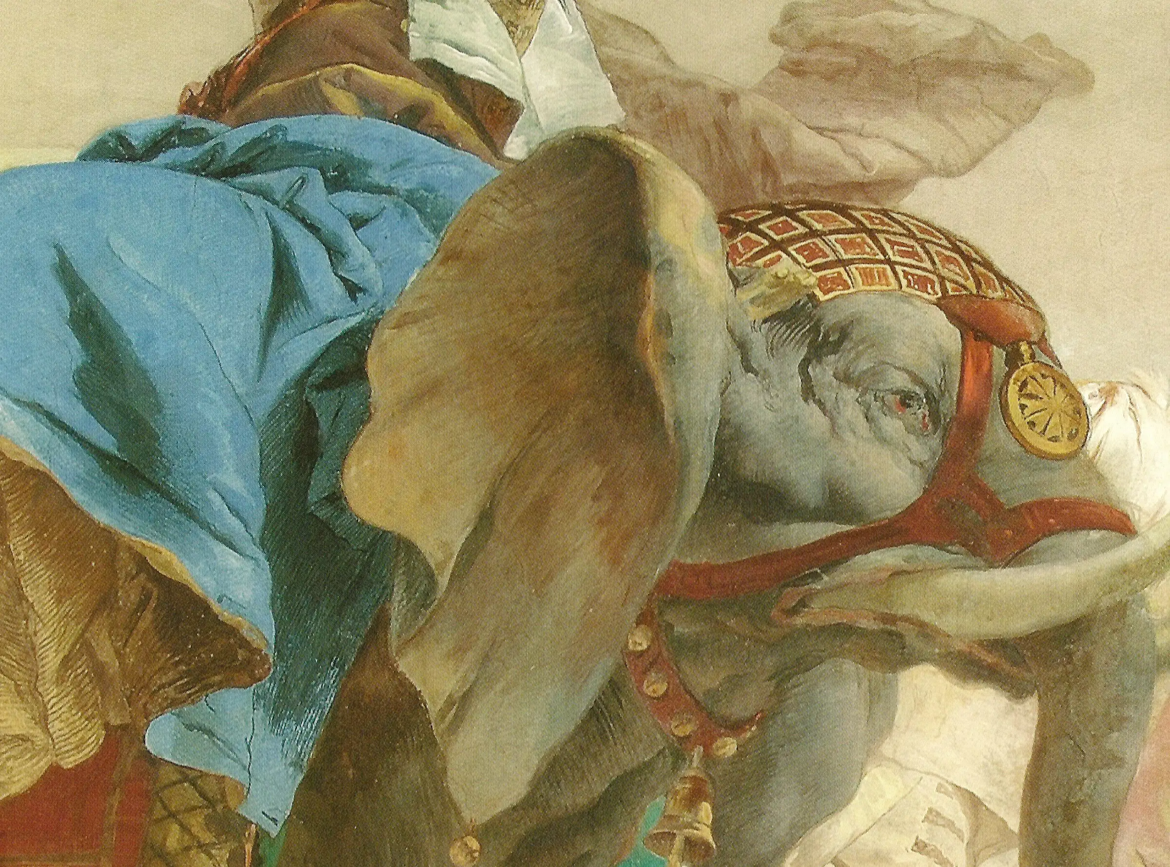 Detail of the Asia group: the elephant is built from a few large flat areas with the drawing left showing at the edges, and the blue drapery beside it goes down in broad strokes and is then left alone. Water ground pigment in fresh lime cannot be reworked once the plaster sets, so the first statement of a shape is the final one.
