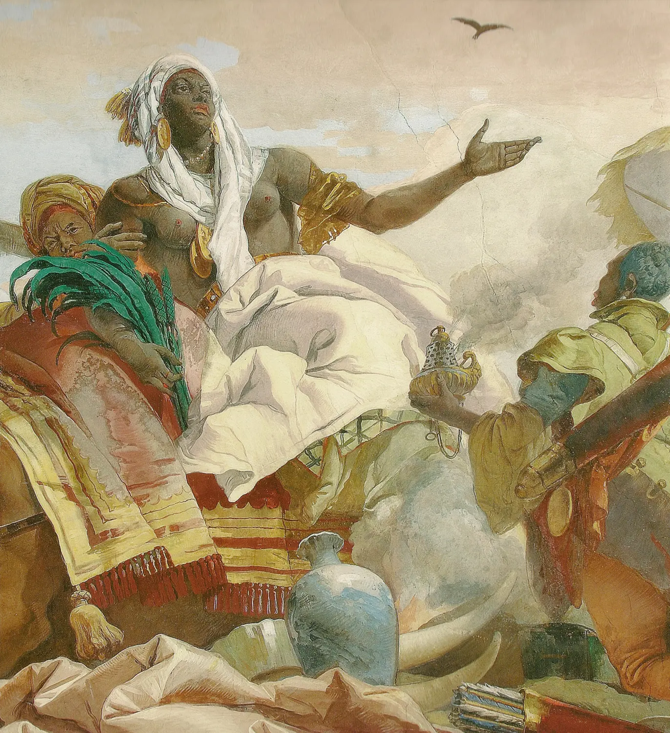 The Africa group on the east side of the Wuerzburg staircase vault, painted in 1752 and 1753 from the design settled on that small canvas. The ground here is wet lime plaster rather than primed cloth, so the fine plaster went up in day sized patches that had to be finished before they set. The Wuerzburg record counts two hundred and eighteen of them across the ceiling.