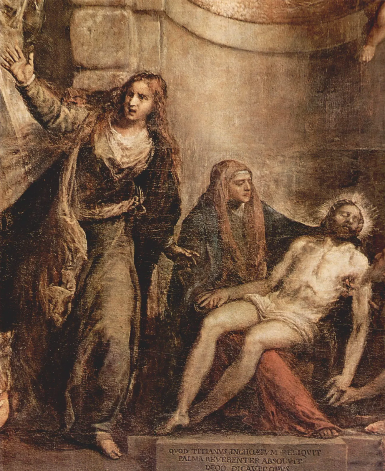 Titian died with this Pieta unfinished, and his assistant Palma il Giovane gave it its finishing strokes and cut three lines into the stone at the foot of it: what Titian left begun, Palma reverently completed and dedicated to God. The same assistant left the account of how Titian worked at this stage, canvases turned to the wall for months and then gone over for faults before a last touch was allowed on.