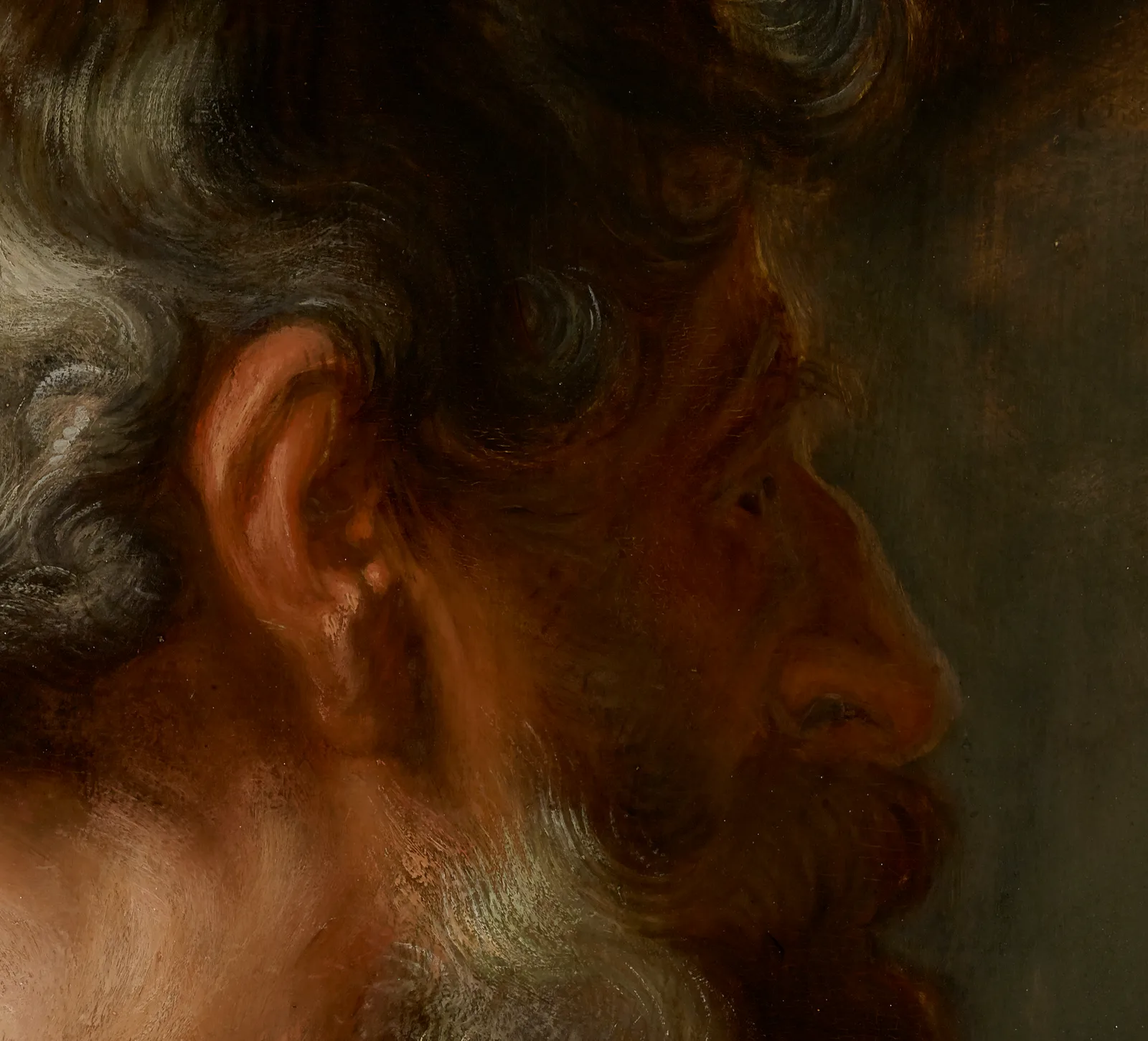 Detail of the Apostle Simon, painted on an oak panel sixty four centimetres tall when he was about nineteen: the warm red behind the ear runs straight into the cool grey of the temple with no seam between them, because both were wet at once. The curls are twisted in with the point of the brush while the paint is still soft.