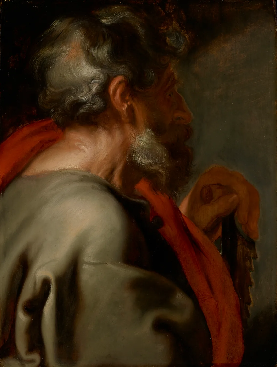 The Apostle Simon, oil on an oak panel sixty four by forty eight centimetres, painted about 1618. It belongs to a series of apostles, since broken up and scattered, that he made in Antwerp before he was twenty. The head is fully worked and the drapery stays broad, which is what a study head is for.