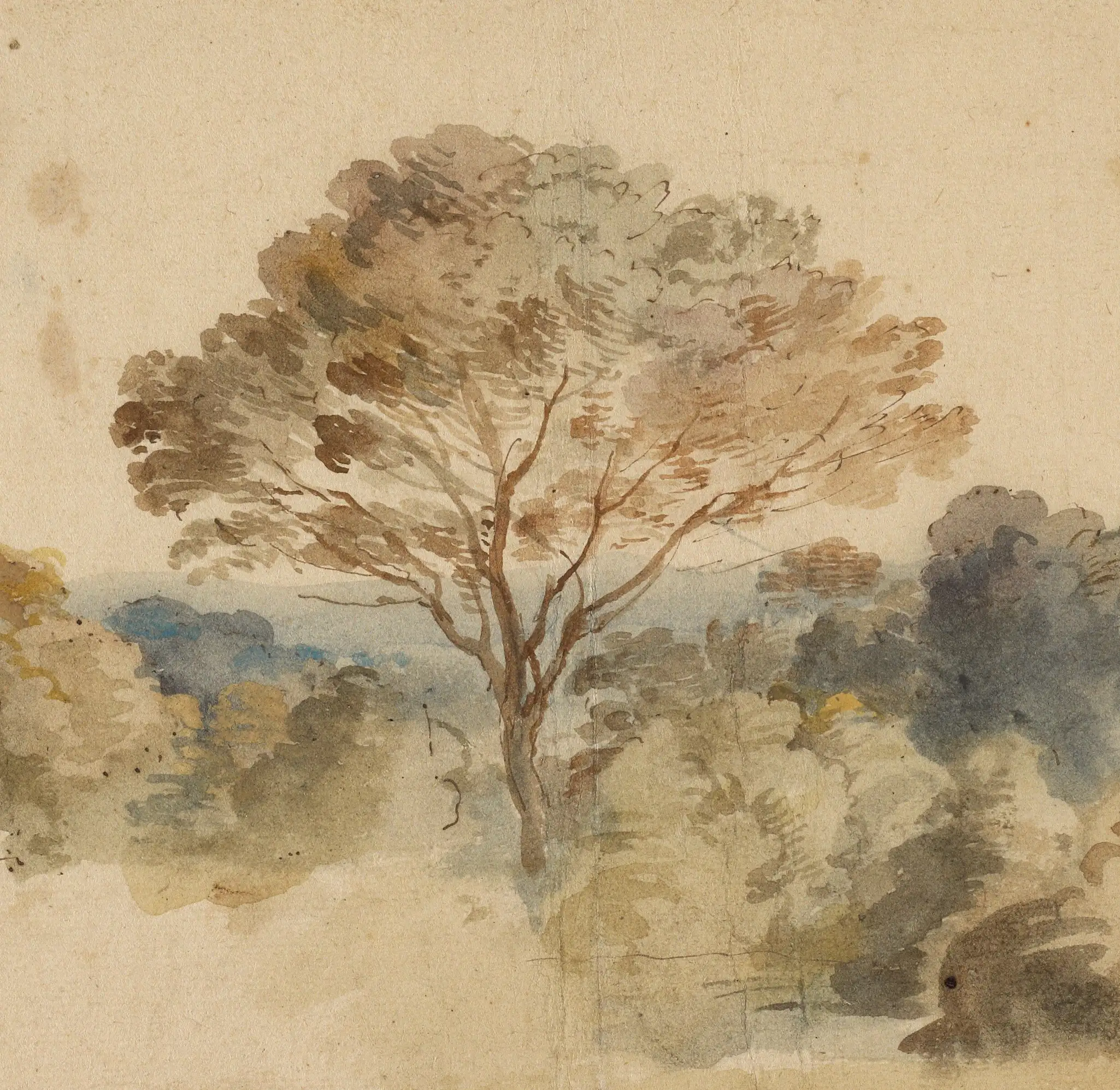 Detail of the Getty landscape: the sky is bare paper, the tree is one drawn trunk with dabs of dilute brown laid over it, and the far distance is a single band of blue. Watercolour gave him a way to record a light in a few minutes with nothing to dry and nothing to scrape.