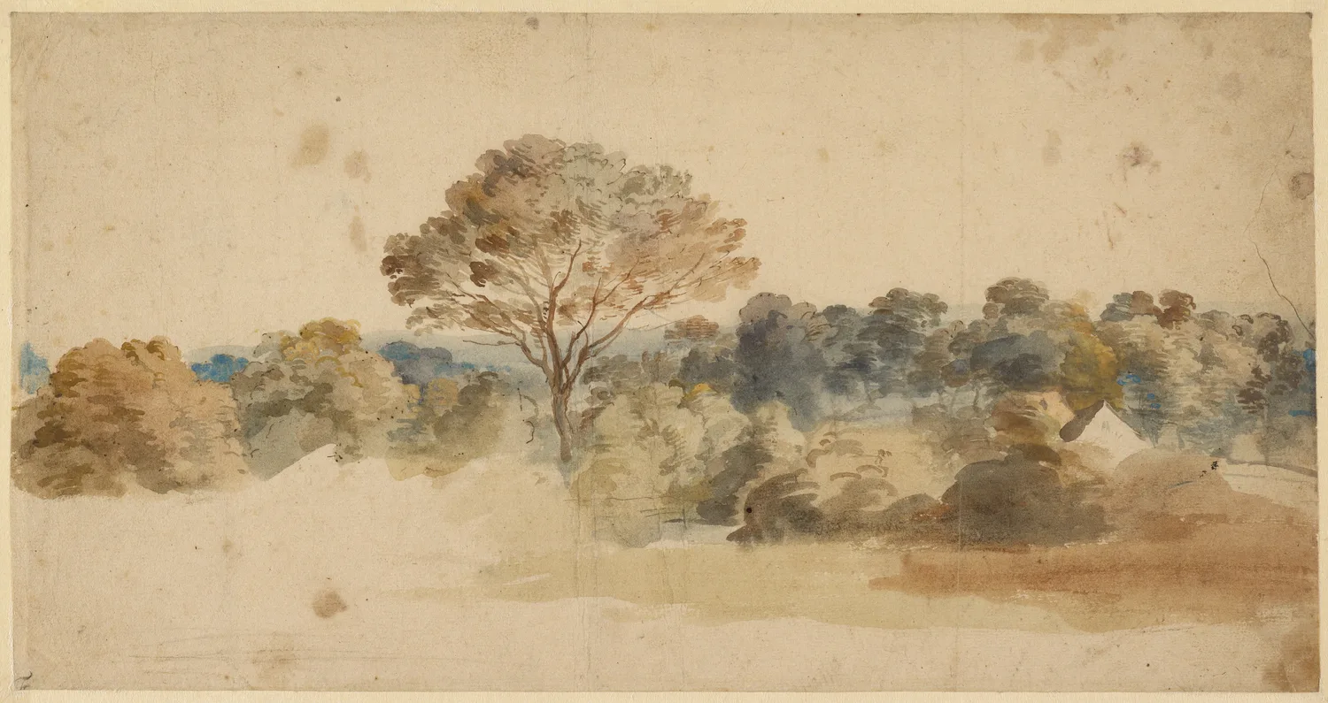 Landscape, about 1640: pen and brown ink with watercolour on a sheet only nineteen by thirty six centimetres. The Getty reads it as an English view and as a momentary impression, and possibly as a study for the background of a painting. The paper is left bare for the sky and most of the field.