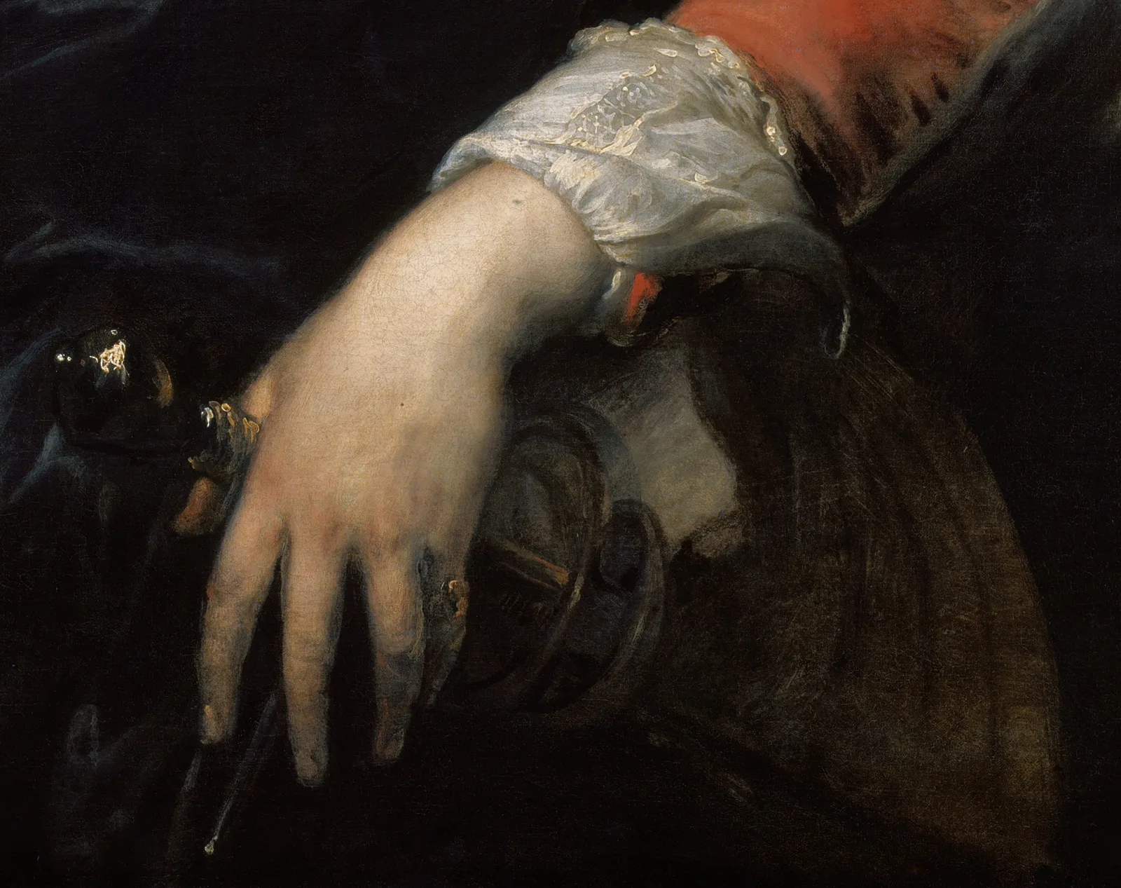 Detail of the portrait of Nicolas Lanier: the hand is longer than a hand, the fingers taper and separate, and the shape is designed before any colour goes on it. Roger de Piles told painters that if an opportunity serves of copying hands after Vandyke, it must not be let slip.