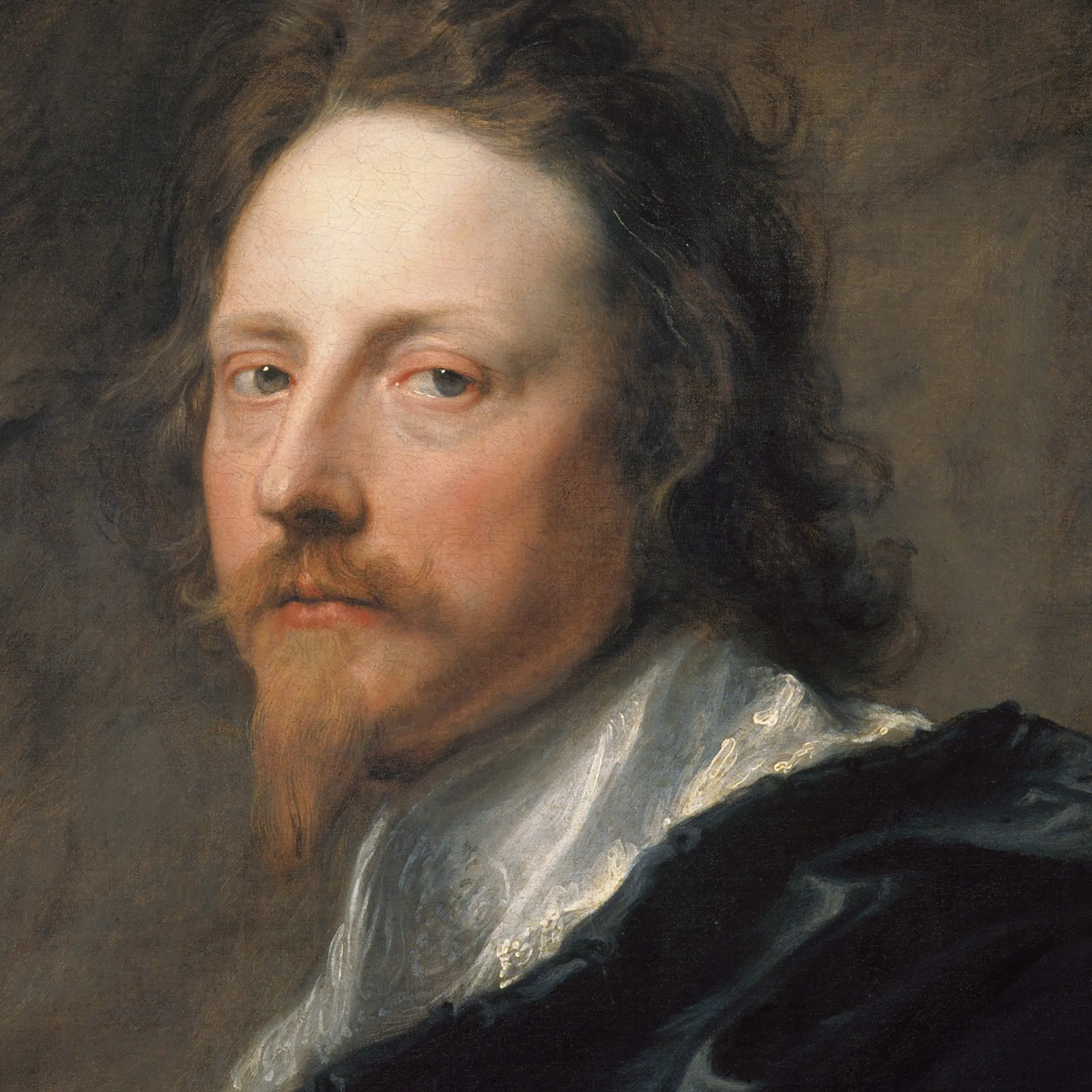 Detail of the head in the portrait of Nicolas Lanier: the lit cheek and the shadow under it sit within a narrow band of value, so almost none of the modelling is being done by contrast. The drawing carries it instead, in the edge of the nose, the set of the eye and the one hard accent at the nostril.