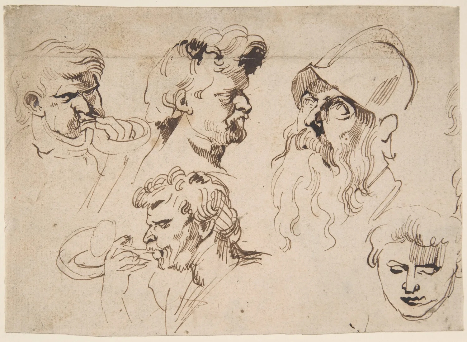 Sheet of Studies of Heads, pen and brown ink on a page thirteen by eighteen centimetres. Six heads, each a different age and a different set of features, none of them a sitter. The character types that turn up in the finished pictures were worked out at this size first.