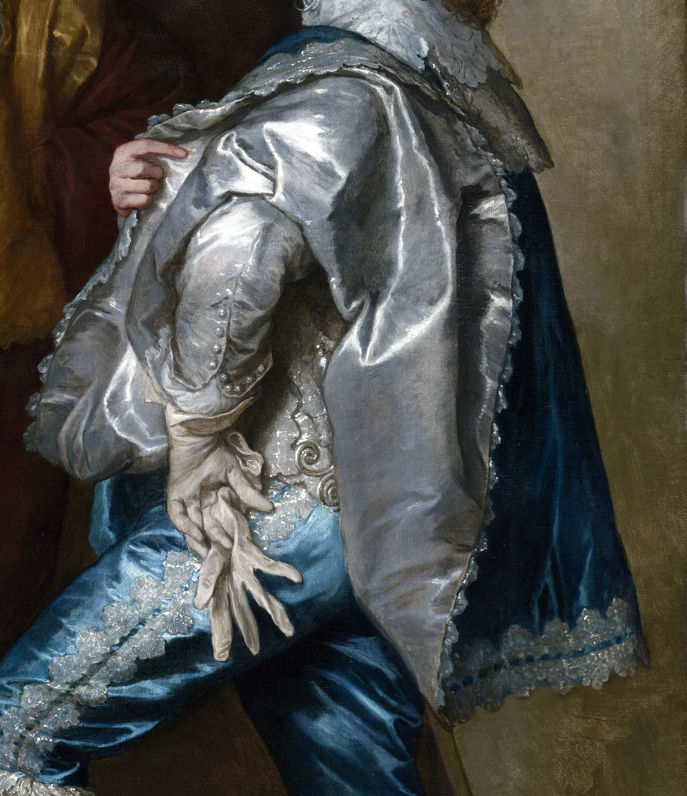 Detail of the Stuart double portrait: Lord Bernard's blue is not one blue. The National Gallery found indigo undermodelling in the shadows, indigo mixed with white in the mid tones, then a scumble of greenish mineral azurite dragged over the top. The shine is the last thin layer sitting loosely on a darker one, not a light painted on.