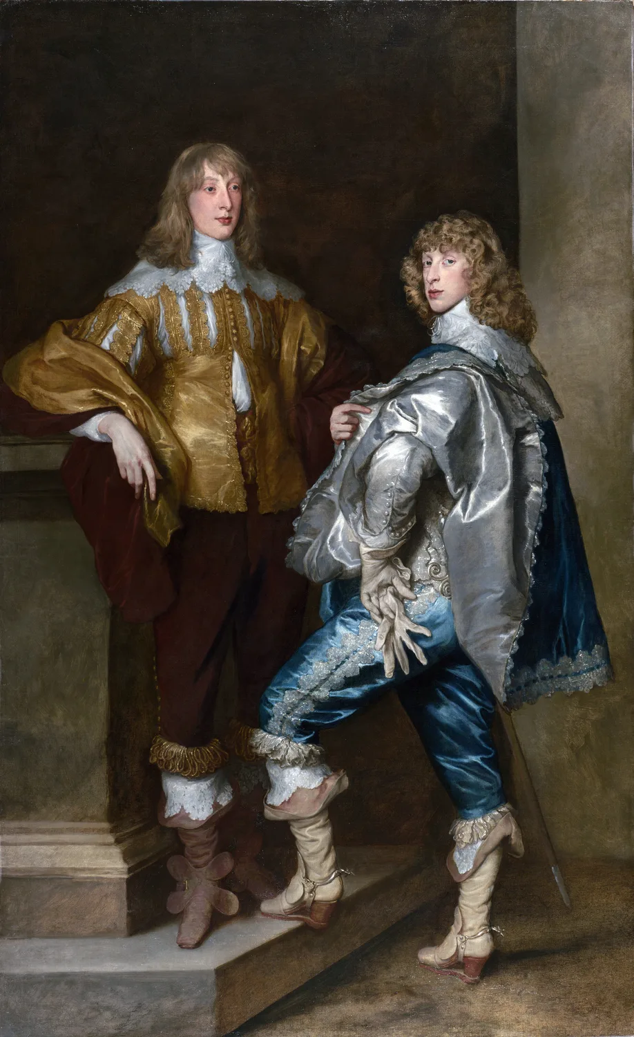 Lord John Stuart and his Brother, Lord Bernard Stuart, a canvas two and a third metres tall. The two figures and their clothes are carried to full finish and the architecture behind them is thin, grey and unresolved, with the ground showing through the paint on the plinth and the steps.