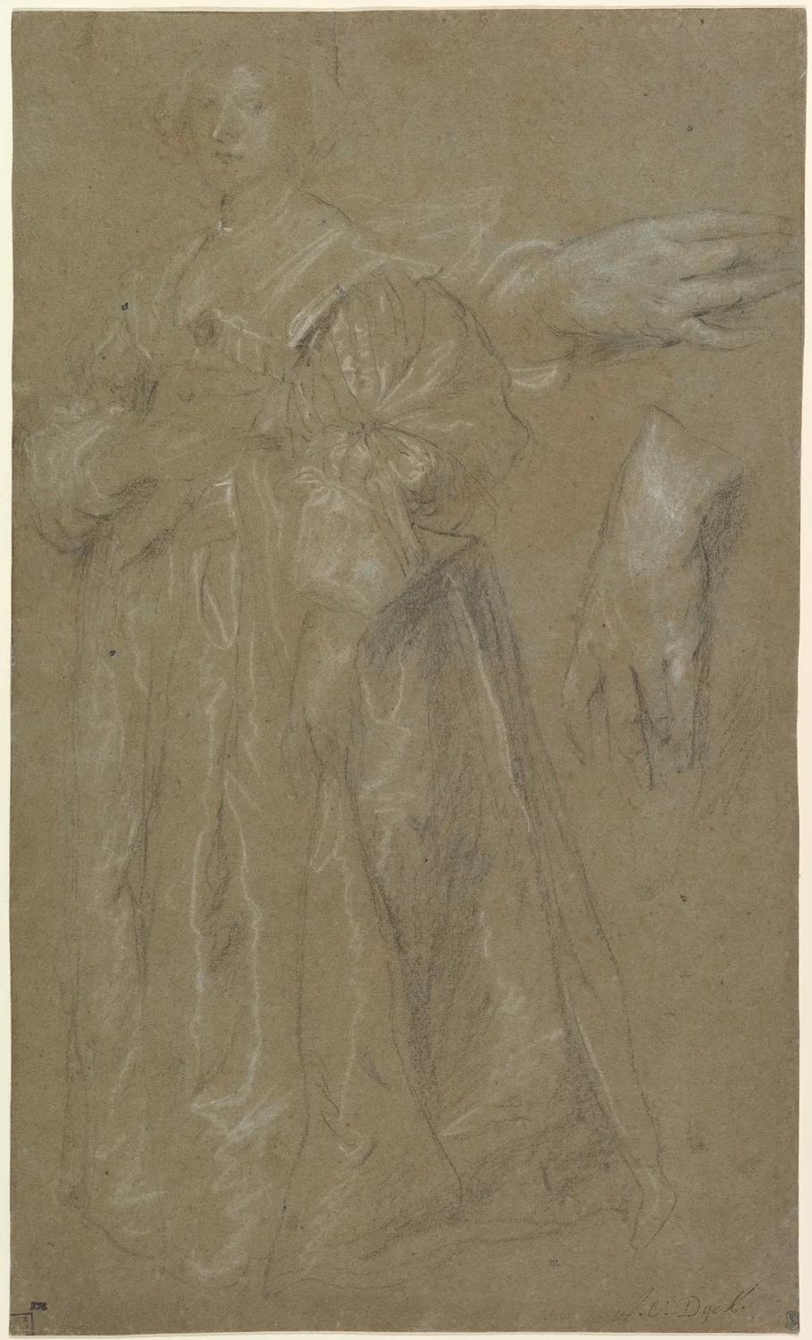 Study for a Portrait of a Lady, black chalk heightened with white on grey paper, a sheet about fifty centimetres tall. This is the object Jabach described: the figure and the clothes set down in a quarter of an hour with the sitter in front of him, and the two hands worked out separately at the side of the page.