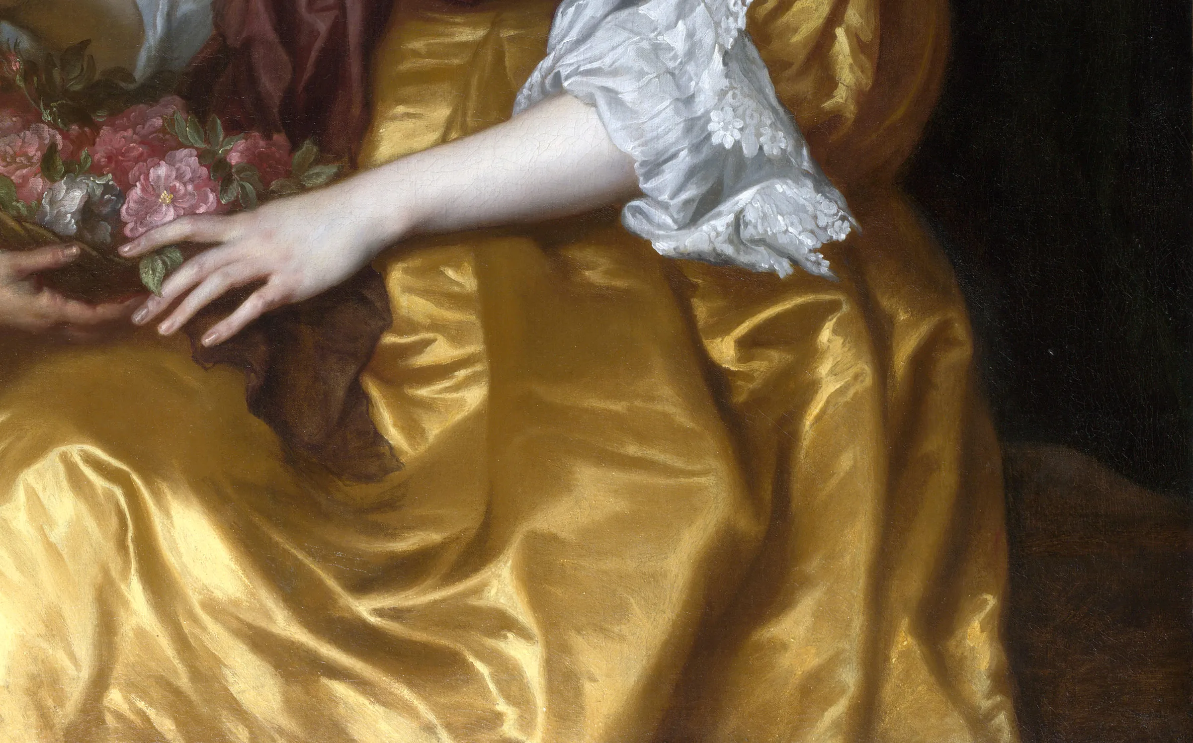 Detail of Viscountess Dorothy's dress: the National Gallery identified pure lead tin yellow in the brightest and thickest ridges of the satin, deep yellow ochre with white and a little crystalline red earth in the duller golds, and more of that red earth again in the orange of the sleeve. Three named mixtures laid beside each other carry the whole fabric.