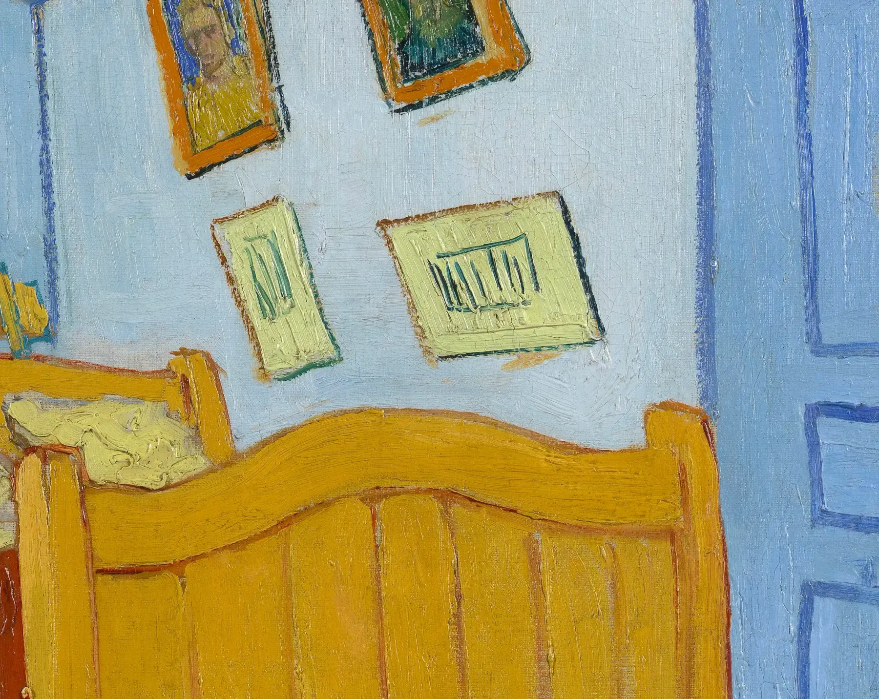 Detail of the first Bedroom. On 16 October 1888 he wrote down what he had just painted: the walls are of a pale violet, the doors lilac. Both read blue now. The red lake that made the violet has gone out of the mixture in the century since, so the colour on this wall today is the colour that survived and not the colour he set.