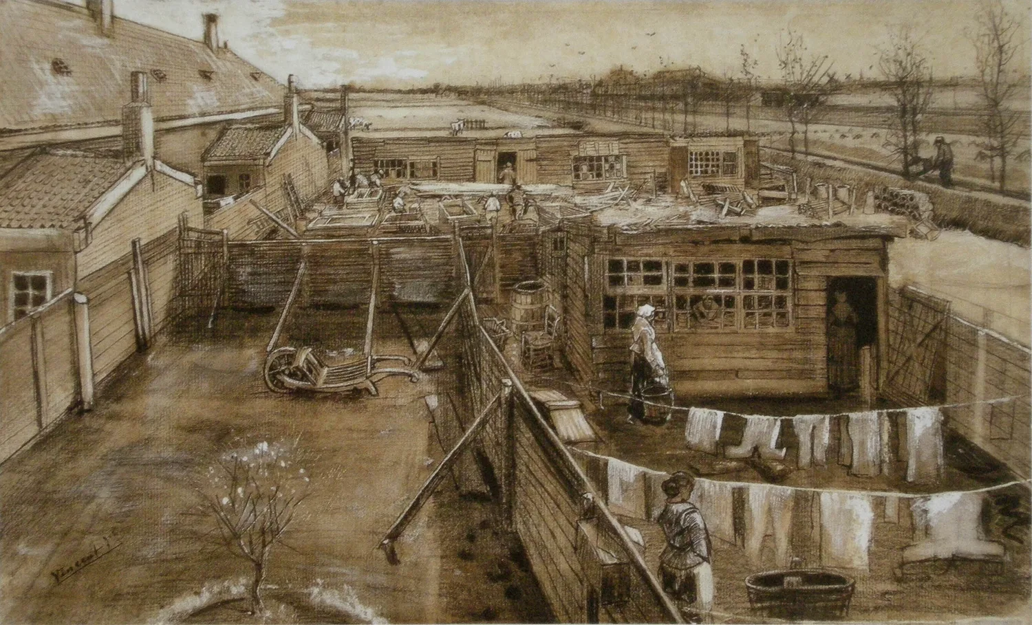 Carpenter's Yard and Laundry, drawn in The Hague in May 1882 on a sheet twenty eight by forty seven centimetres, in pencil, ink, pen and brush heightened with white. Every fence rail, roof line and washing line runs back to the same point. It is also a job: this sheet is one of the townscapes his uncle Cornelis commissioned and paid for.