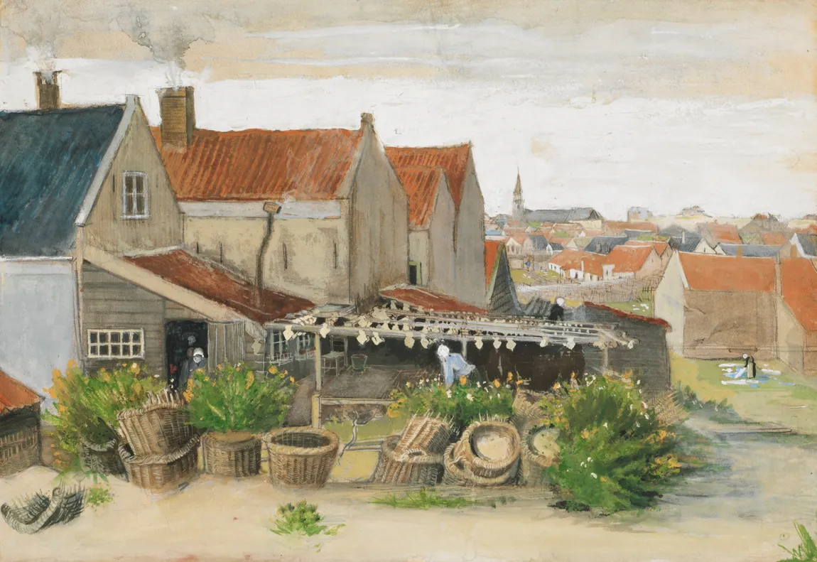 The Fish Drying Barn at Scheveningen, July 1882: opaque and transparent watercolour worked over graphite with pen and ink, on a sheet thirty six by fifty two centimetres. Six years before Arles the colour is held down and local, the drawing runs under all of it, and the light on the sand is bare paper.